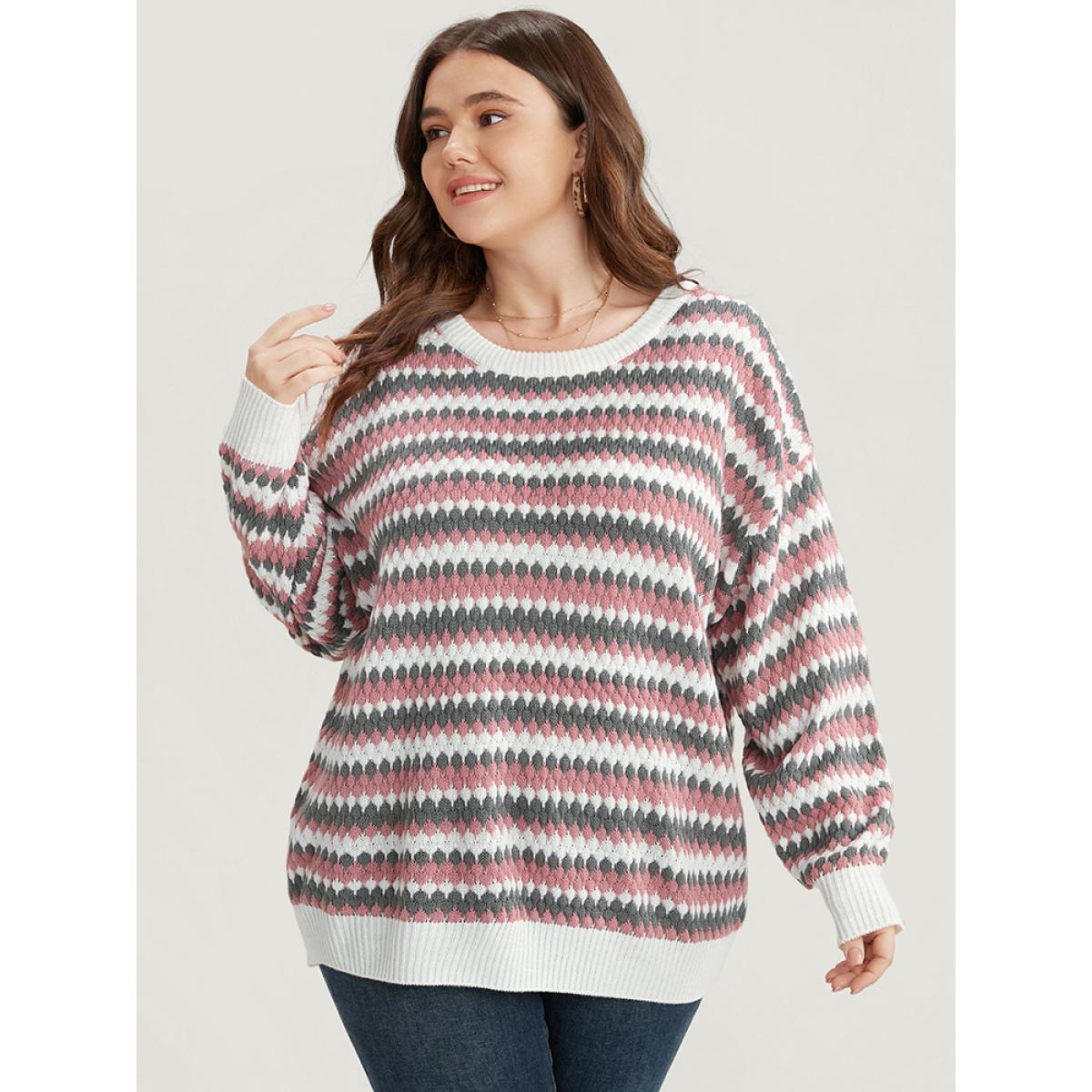 Plus Size Striped Contrast Pointelle Knit Round Neck Loose Knit Top Multicolor Women Casual Loose Long Sleeve Round Neck Dailywear Pullovers BloomChic 14-16/1X Product Image