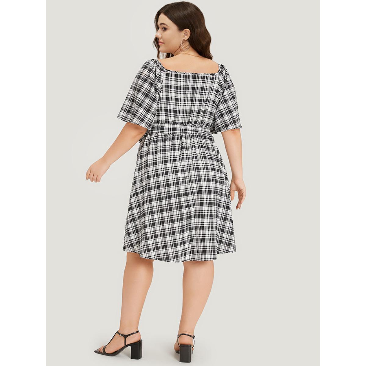 Plus Size Plaid Belted Pocket Button Detail Square Neck Dress Black Women Office Belted Square Neck Short sleeve Curvy Midi Dress BloomChic 26/4X Product Image