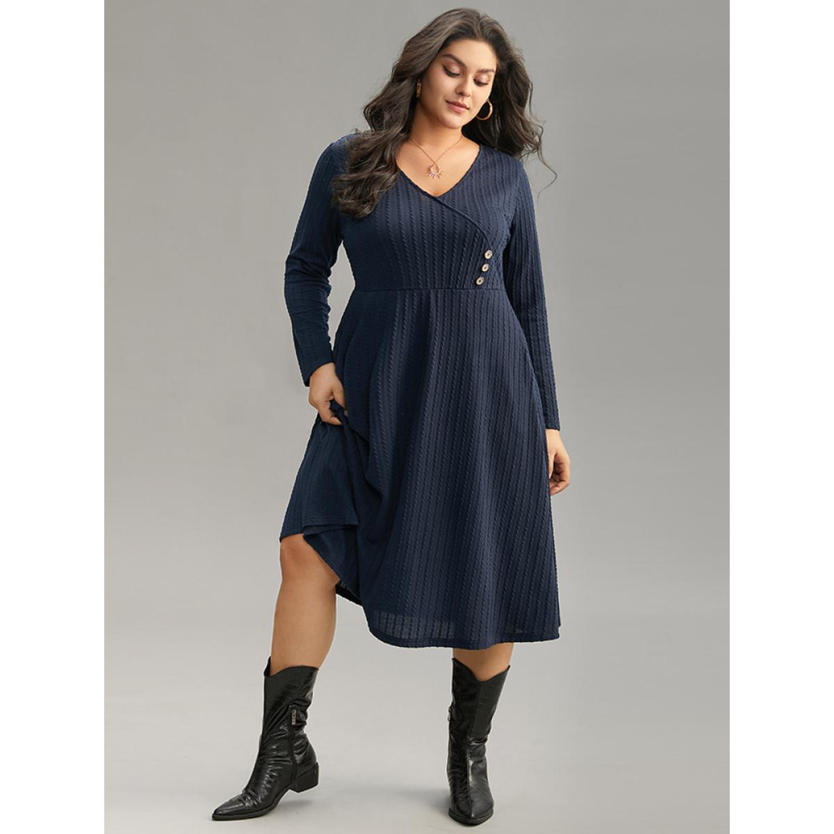 Plus Size Solid Appliques Button Detail Elastic Waist Dress Midnight Women Casual Texture Deep V-neck Long Sleeve Curvy Midi Dress BloomChic 12/L Product Image