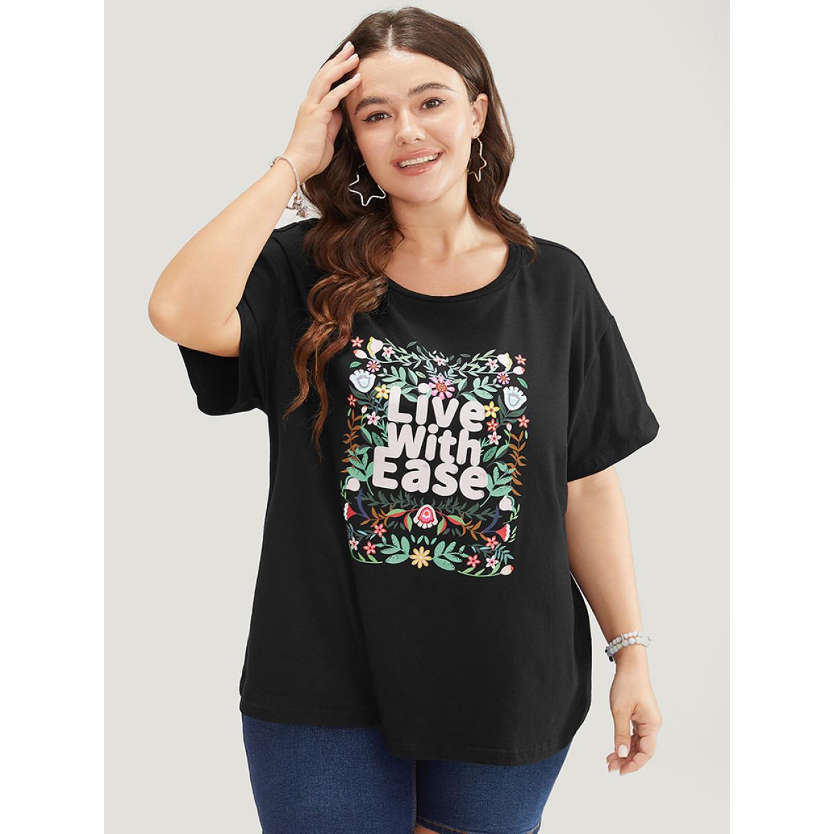 Plus Size Floral & Slogan Print Slightly Stretchy Casual T-shirt Black Women Casual Plain Natural Flowers Dailywear T-shirts BloomChic 14-16/1X Product Image