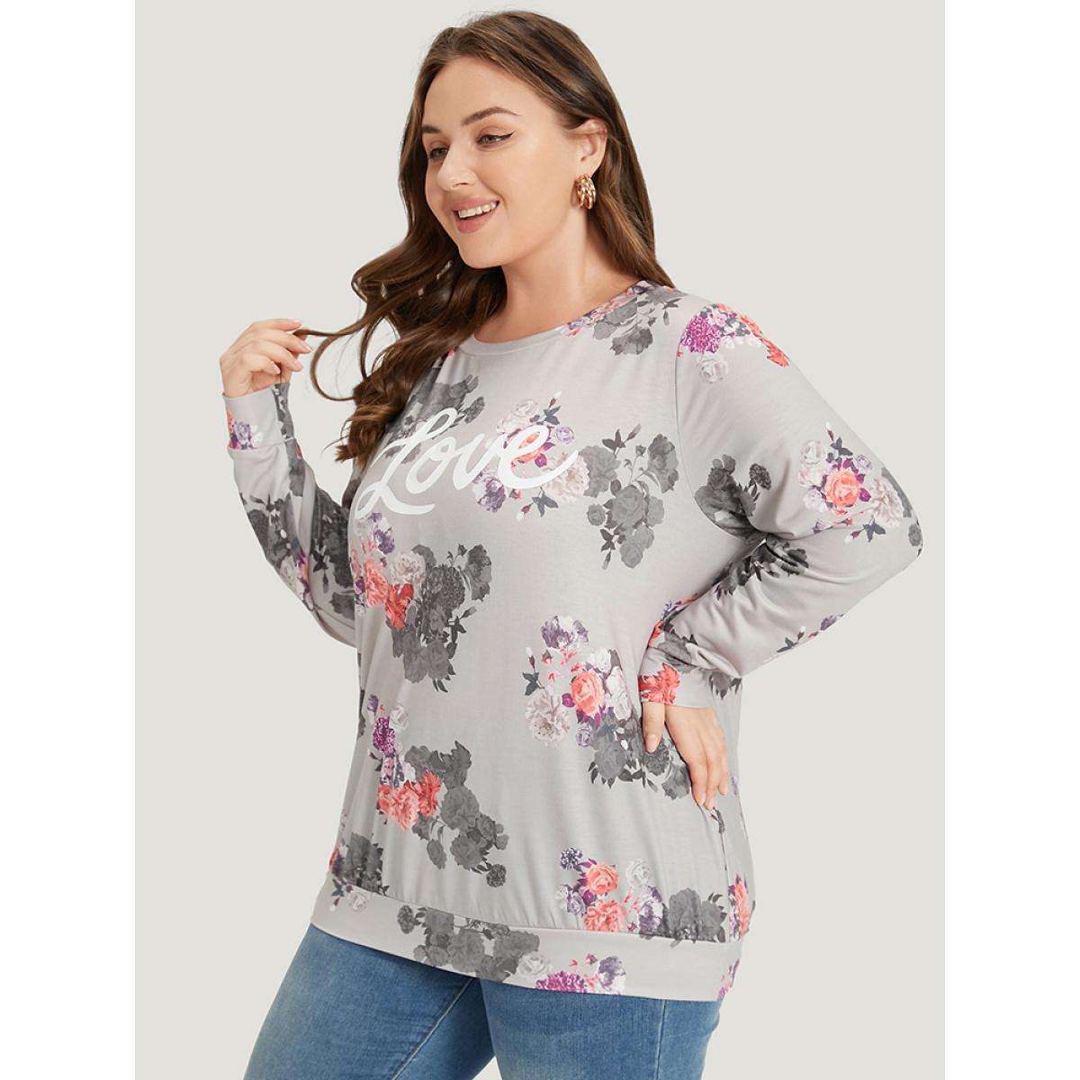 Plus Size Letter & Floral Print Crew Neck Sweatshirt Women Multicolor Elegant Printed Round Neck Dailywear Sweatshirts BloomChic 22-24/3X Product Image