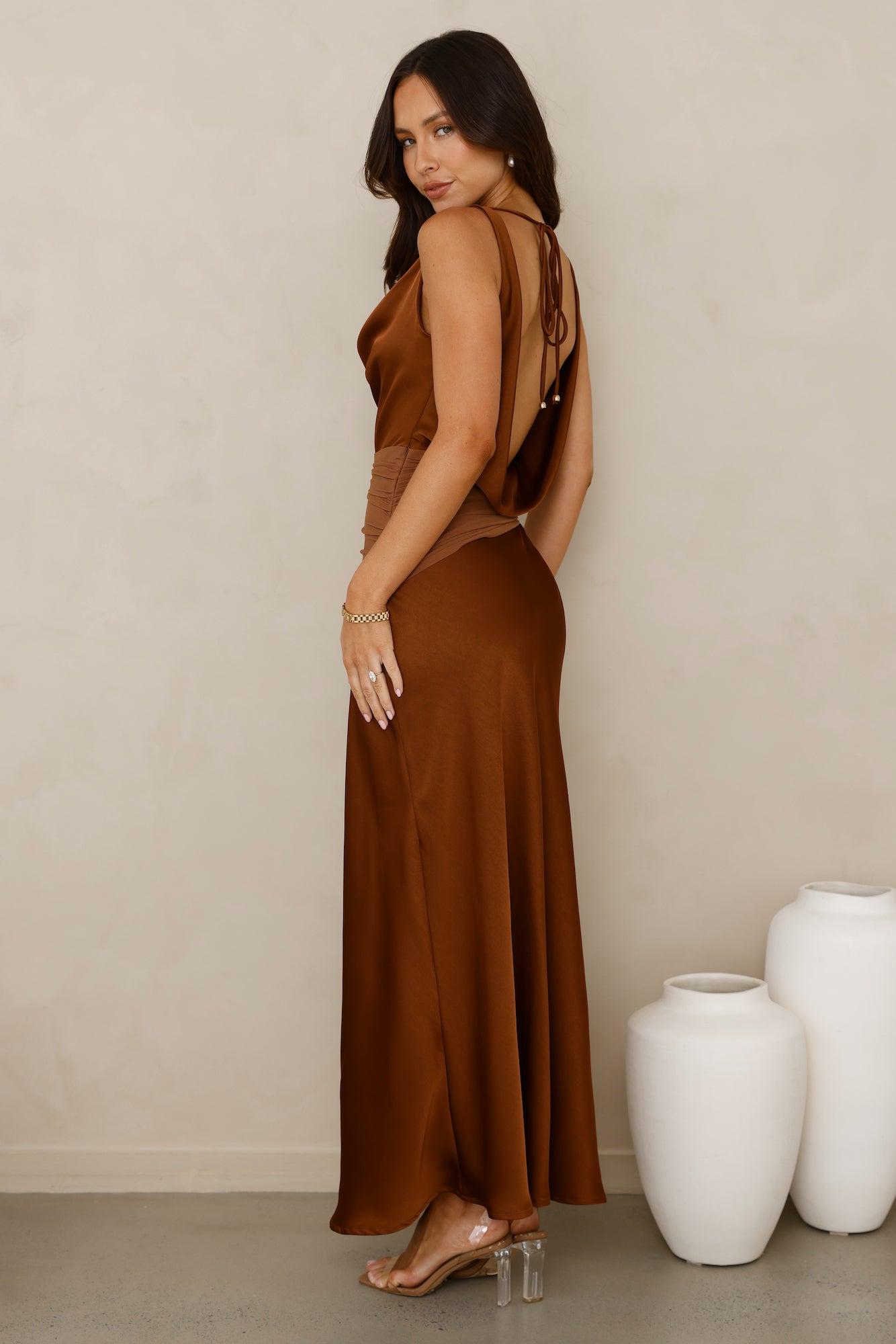 Celestial Spark Satin Maxi Dress Brown Product Image