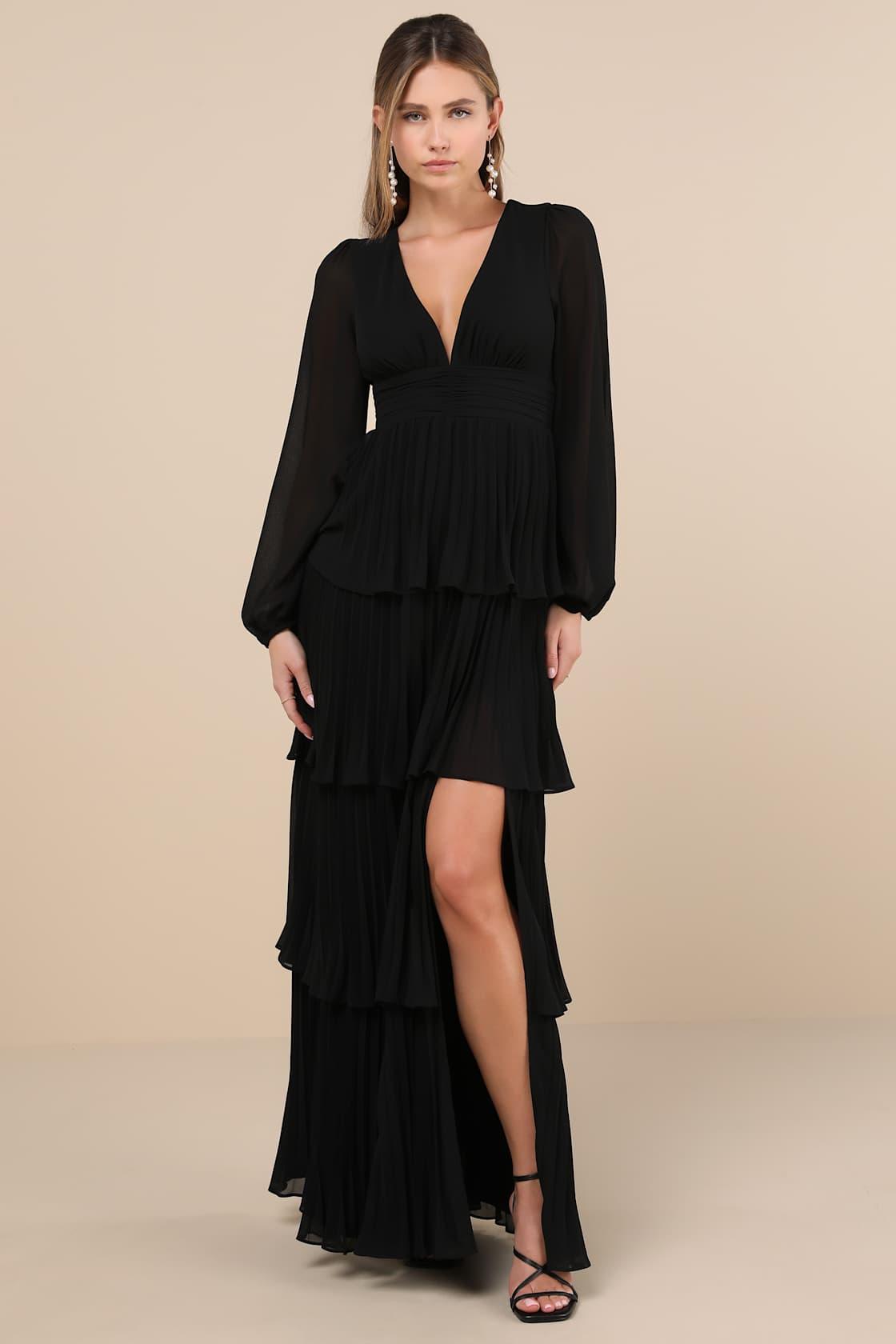 Graceful Finesse Black Pleated Long Sleeve Maxi Dress Product Image
