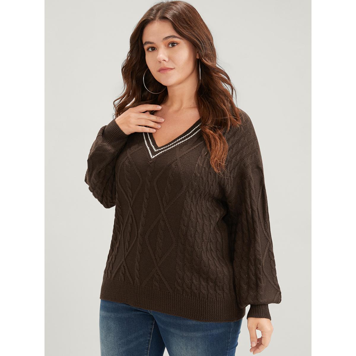 Plus Size Contrast Trim Pointelle Knit V Neck Lantern Sleeve Knit Top DarkBrown Women Elegant Long Sleeve V-neck Dailywear Pullovers BloomChic 12/L Product Image