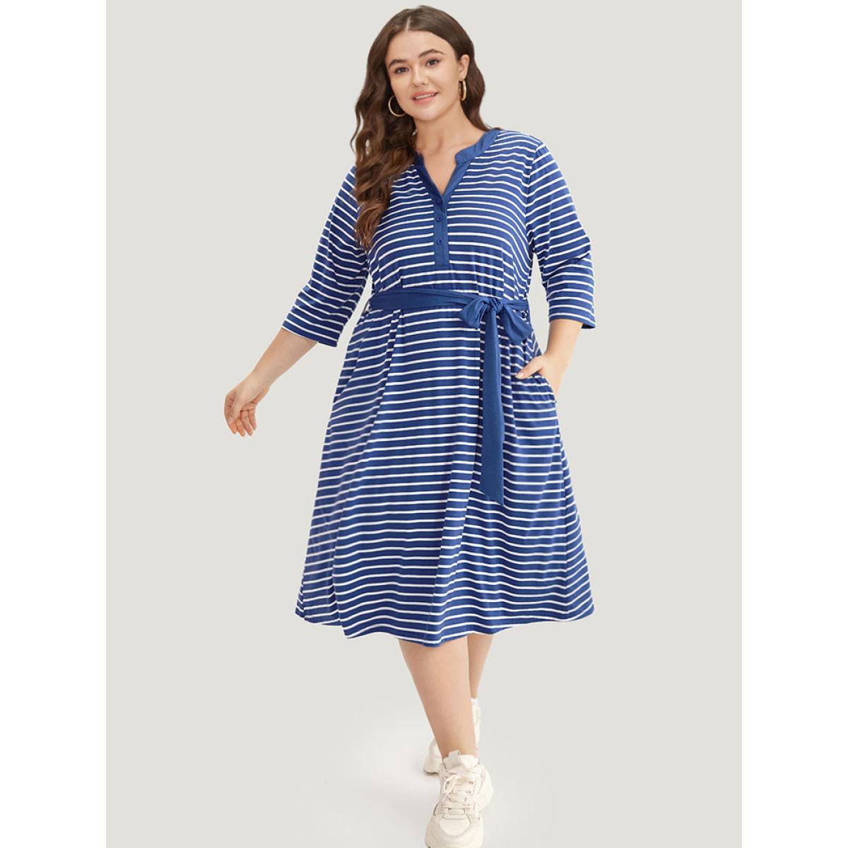 Plus Size Striped Belted Notched Dress Blue Women Casual Belted Notched collar Elbow-length sleeve Curvy Midi Dress BloomChic 28/5X Product Image