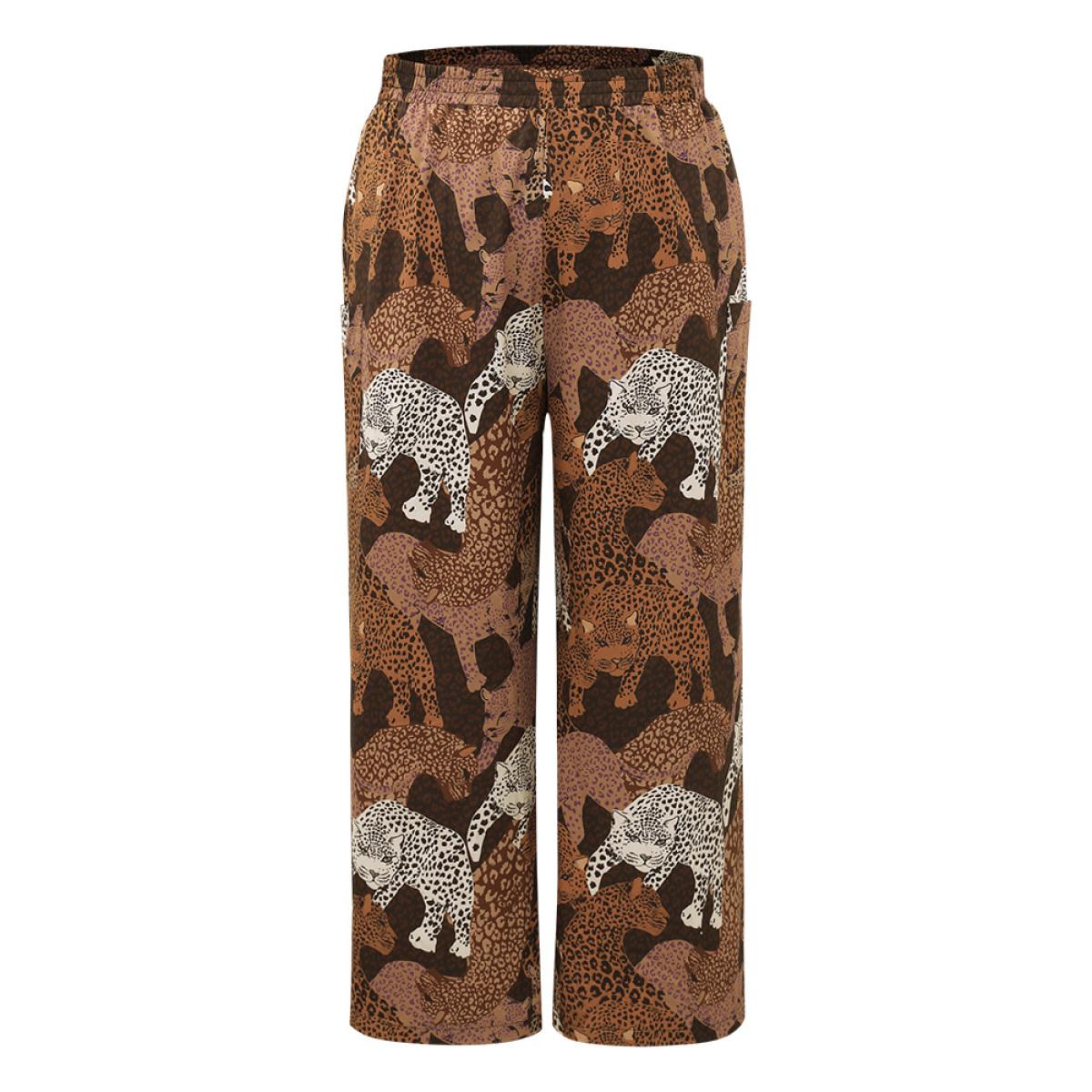 Plus Size Leopard Print Elastic Waist Straight Leg Pants Women Multicolor Casual Wide Leg High Rise Dailywear Pants BloomChic 22-24/3X Product Image