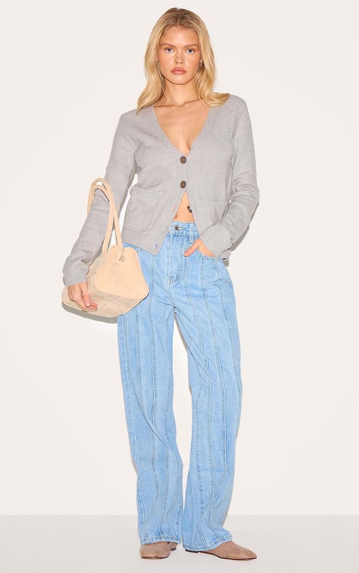 Light Blue Wash Panelled Seam Detail Straight Leg Jeans Product Image