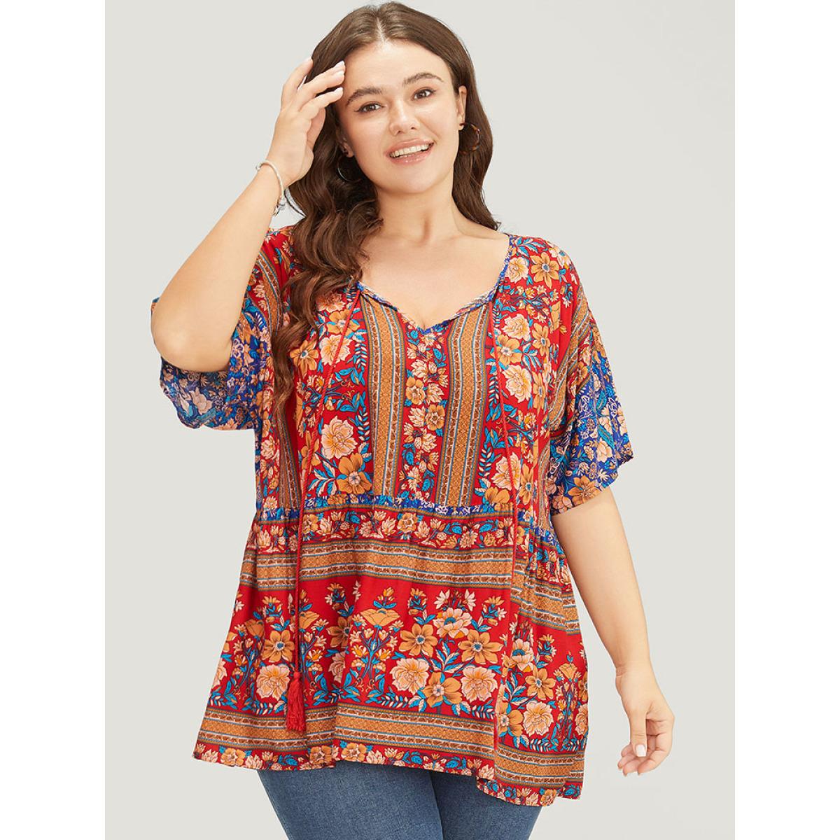 Plus Size Indigo Bandana Print Tie Neck Tassels Batwing Sleeve Blouse Women Vacation Short sleeve Tie Neck Dailywear Blouses BloomChic 10/M Product Image