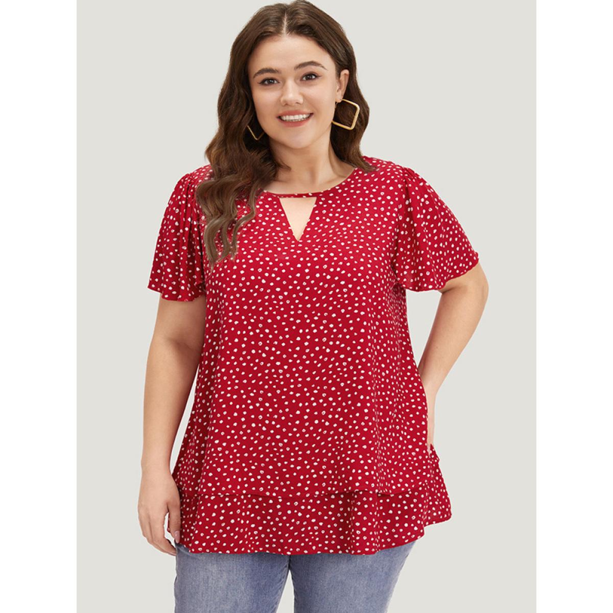 Plus Size Scarlet Polka Dot Keyhole Flutter Sleeve Layered Hem Blouse Women Elegant Short sleeve Keyhole Cut-Out Dailywear Blouses BloomChic 30/6X Product Image