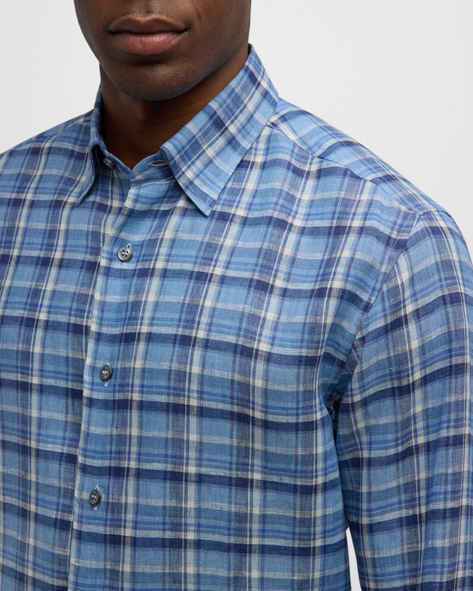 Men's Linen Plaid Casual Button-Down Shirt Product Image