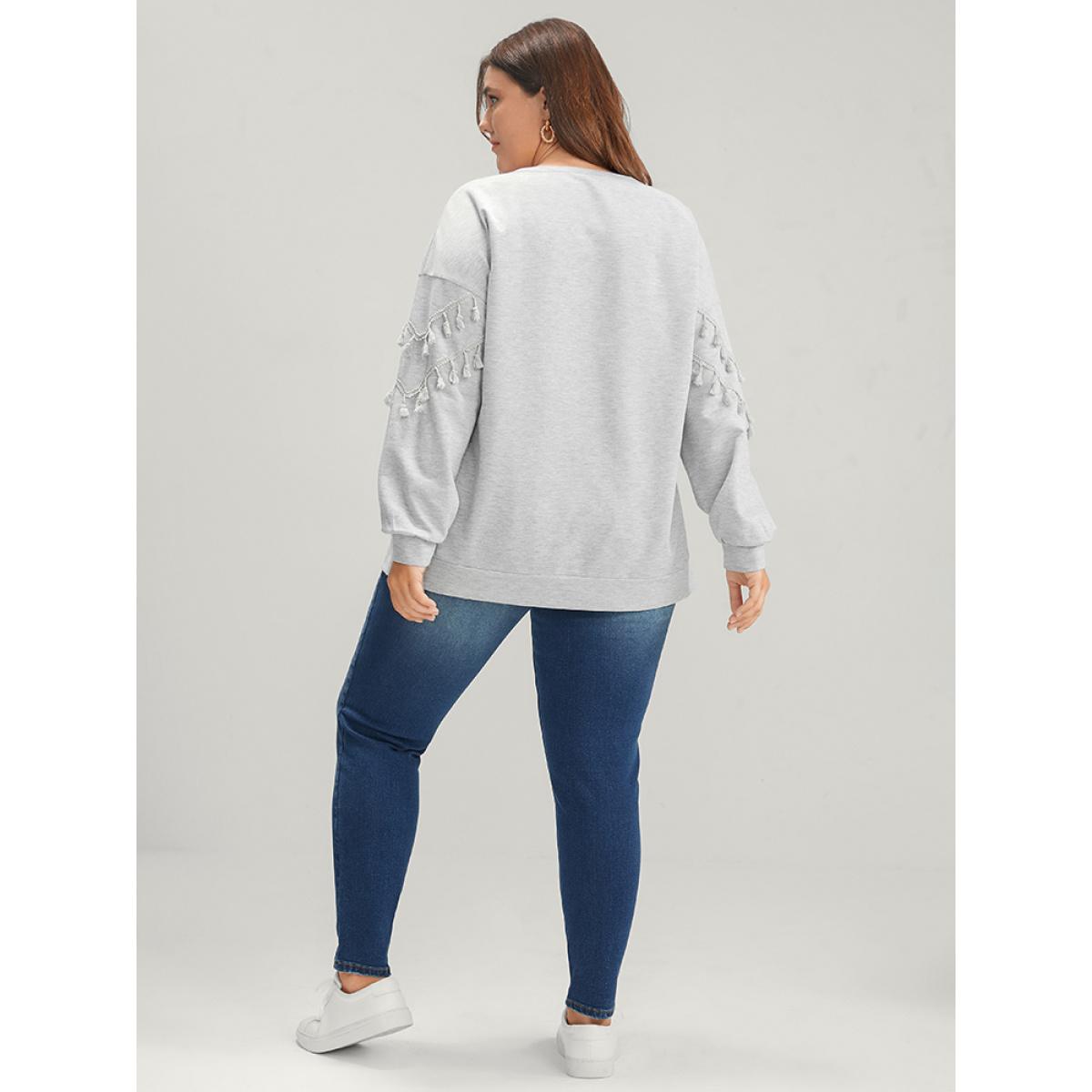 Plus Size Solid Round Neck Tassels Drop Shoulder Sweatshirt Women LightGray Casual Patchwork Round Neck Dailywear Sweatshirts BloomChic 18-20/2X Product Image