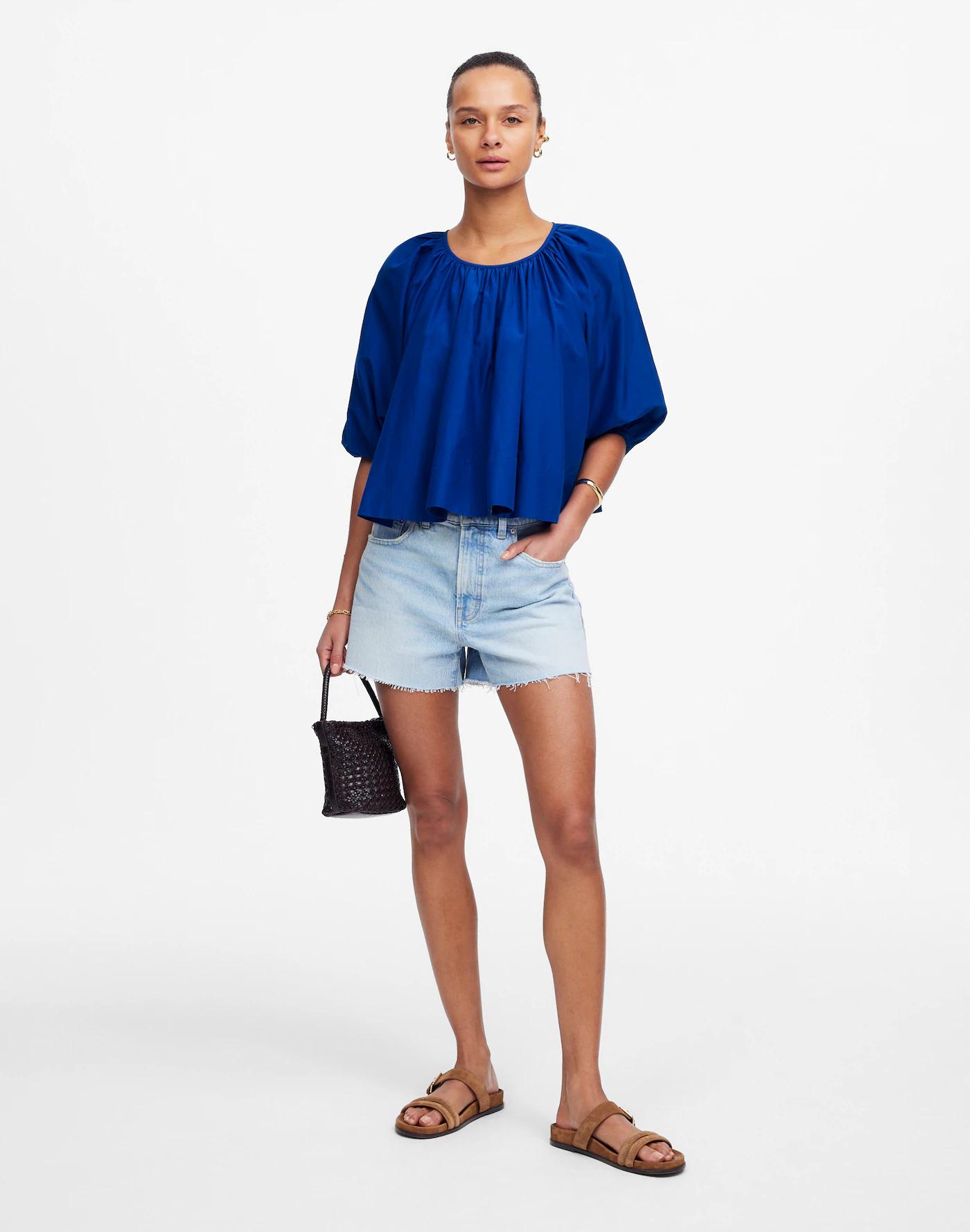 Shirred Puff-Sleeve Top in Cotton-Silk Voile Product Image