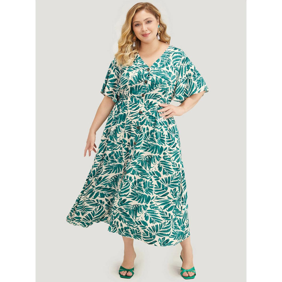 Plus Size Plant Print Flutter Sleeve Button Detail Pocket Dress Green Women Vacation Elastic Waist V-neck Short sleeve Curvy Midi Dress BloomChic 12/L Product Image