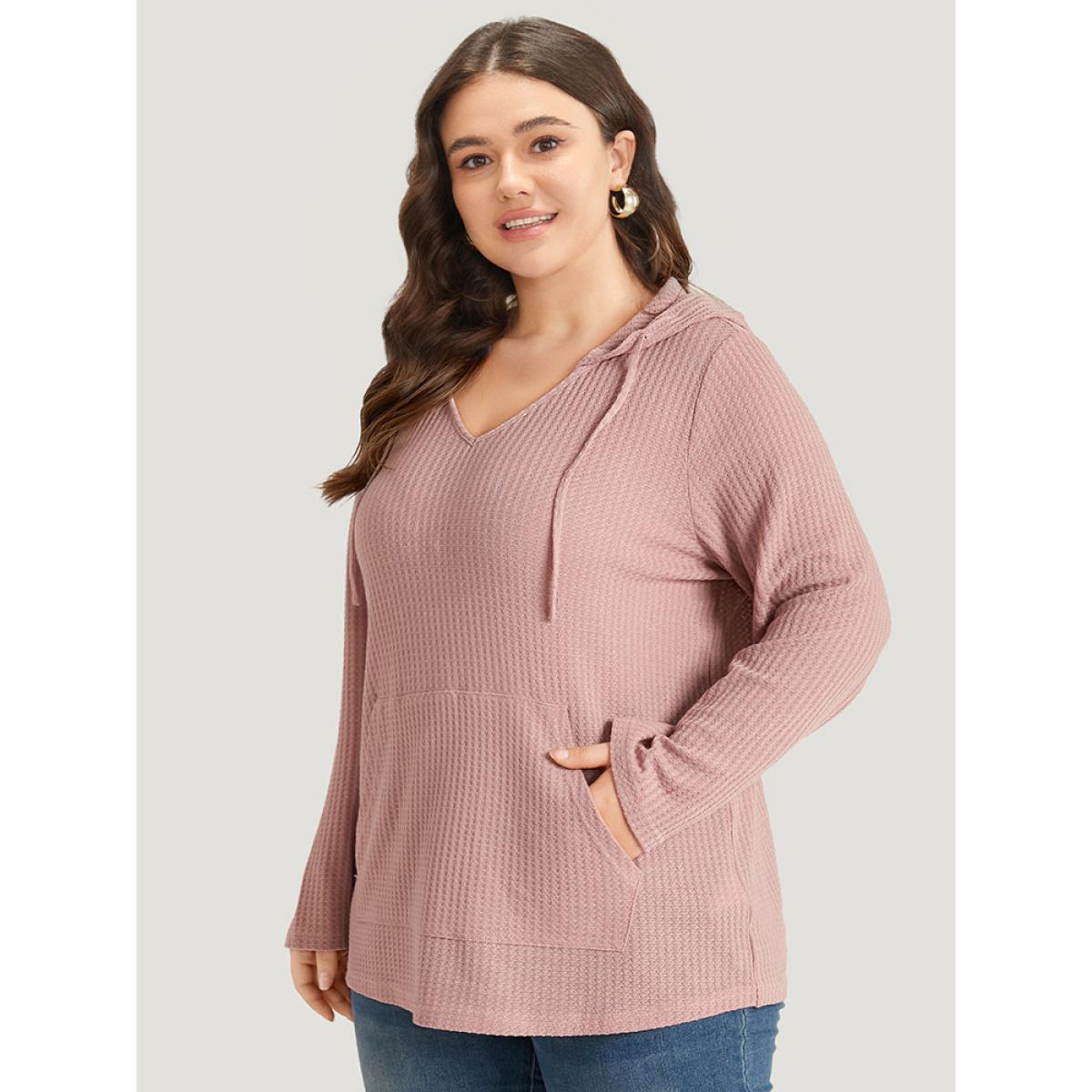 Plus Size Plain Waffle Knit Pocket Drawstring Hooded Sweatshirt Women Pink Casual Plain Hooded Dailywear Sweatshirts BloomChic 14-16/1X Product Image