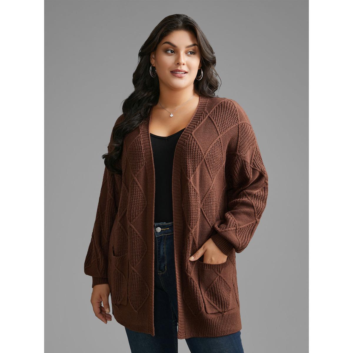 Plus Size Plain Textured Pocket Drop Shoulder Cardigan Browncoffeecolor Women Casual Loose Long Sleeve Everyday Cardigans BloomChic 14-16/1X Product Image