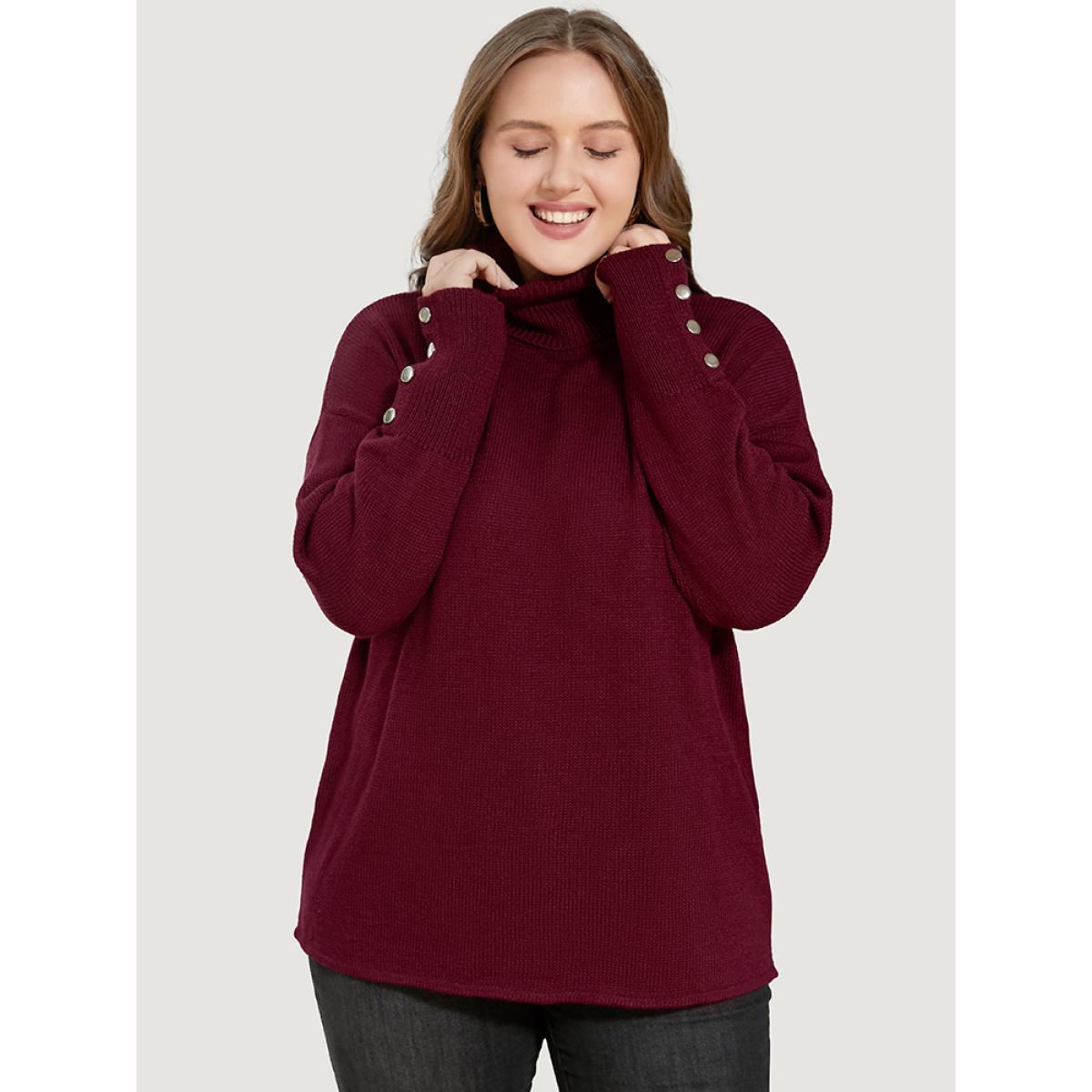 Plus Size Solid Pointelle Knit Button Detail Funnel Neck Knit Top Scarlet Women Casual Loose Long Sleeve Turtleneck Dailywear Pullovers BloomChic 12/L Product Image
