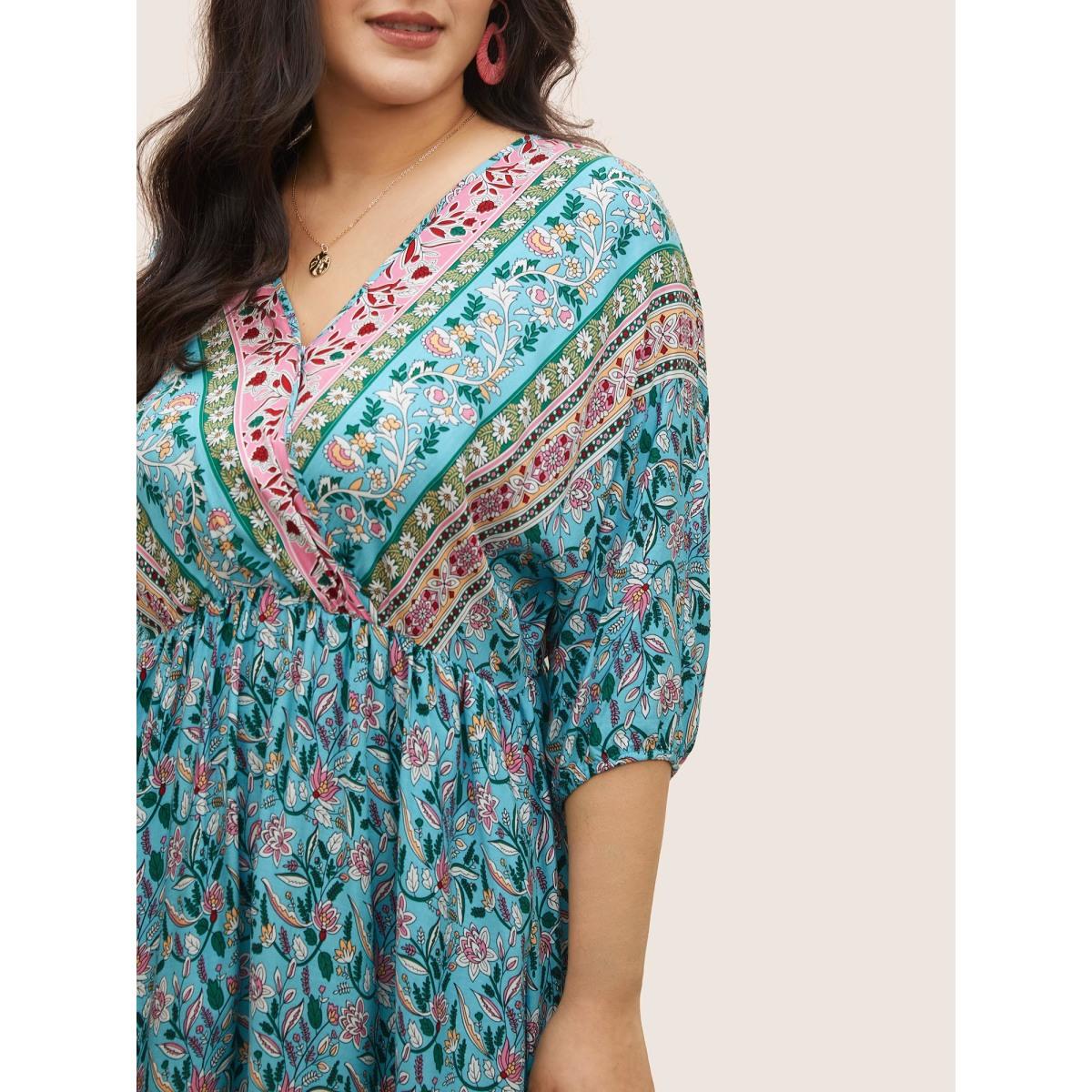Plus Size Boho Print Wrap Elastic Waist Lantern Sleeve Dress Turquoise Women Resort Overlapping Overlap Collar Elbow-length sleeve Curvy Midi Dress BloomChic 26/4X Product Image
