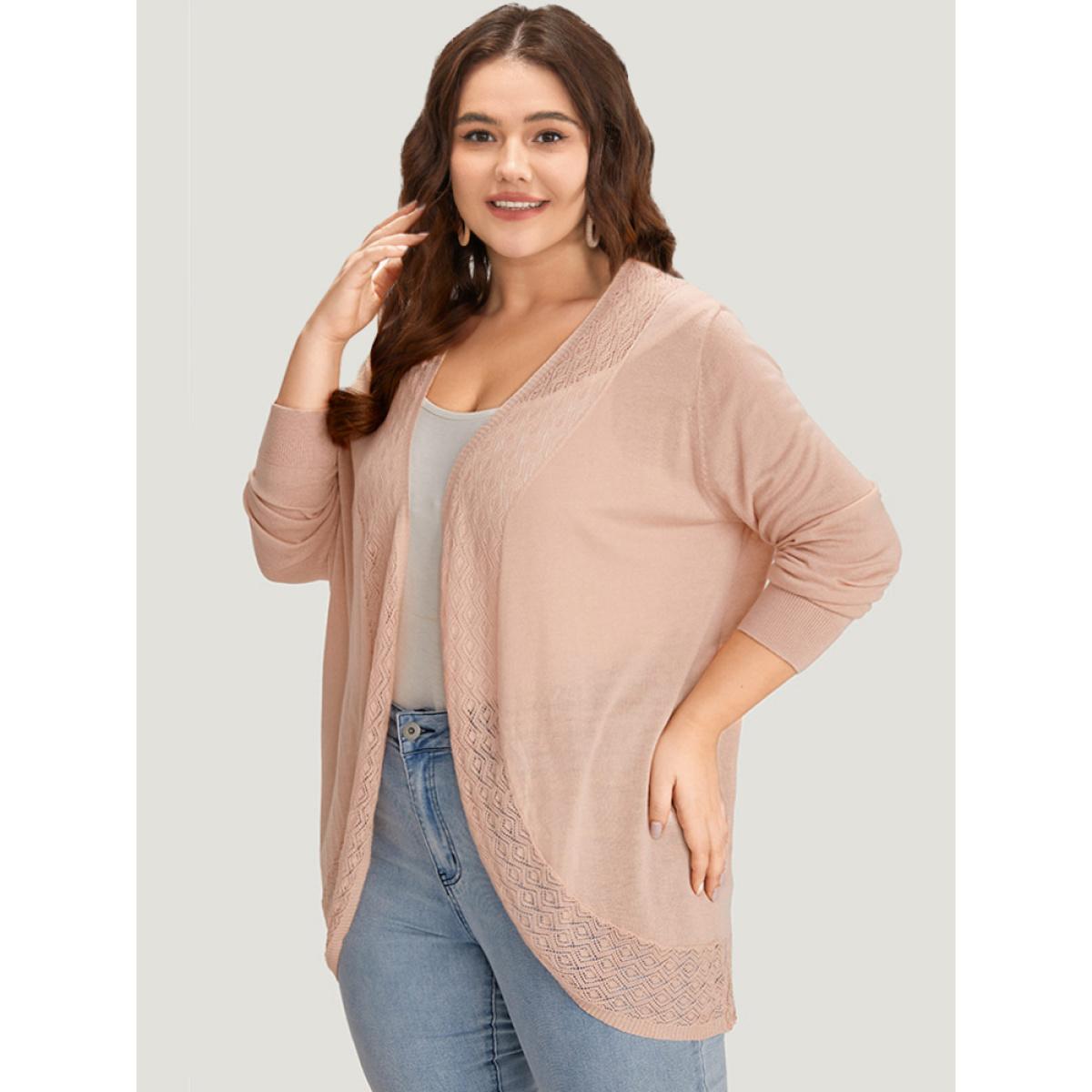 Plus Size Supersoft Essentials Geometric Eyelet Patchwork Arc Collar Cardigan Crepe Women Casual Loose Long Sleeve Dailywear Cardigans BloomChic 10/M Product Image