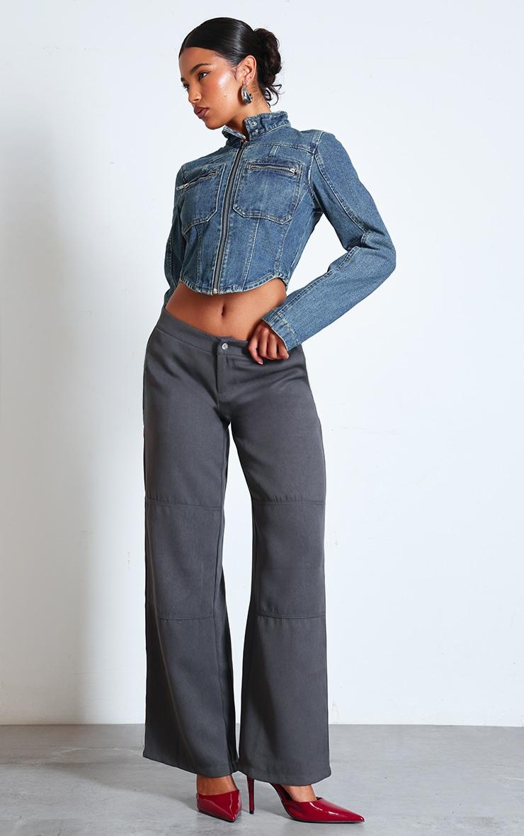 Indigo Vintage Wash Biker Detail Curved Hem Denim Jacket Product Image