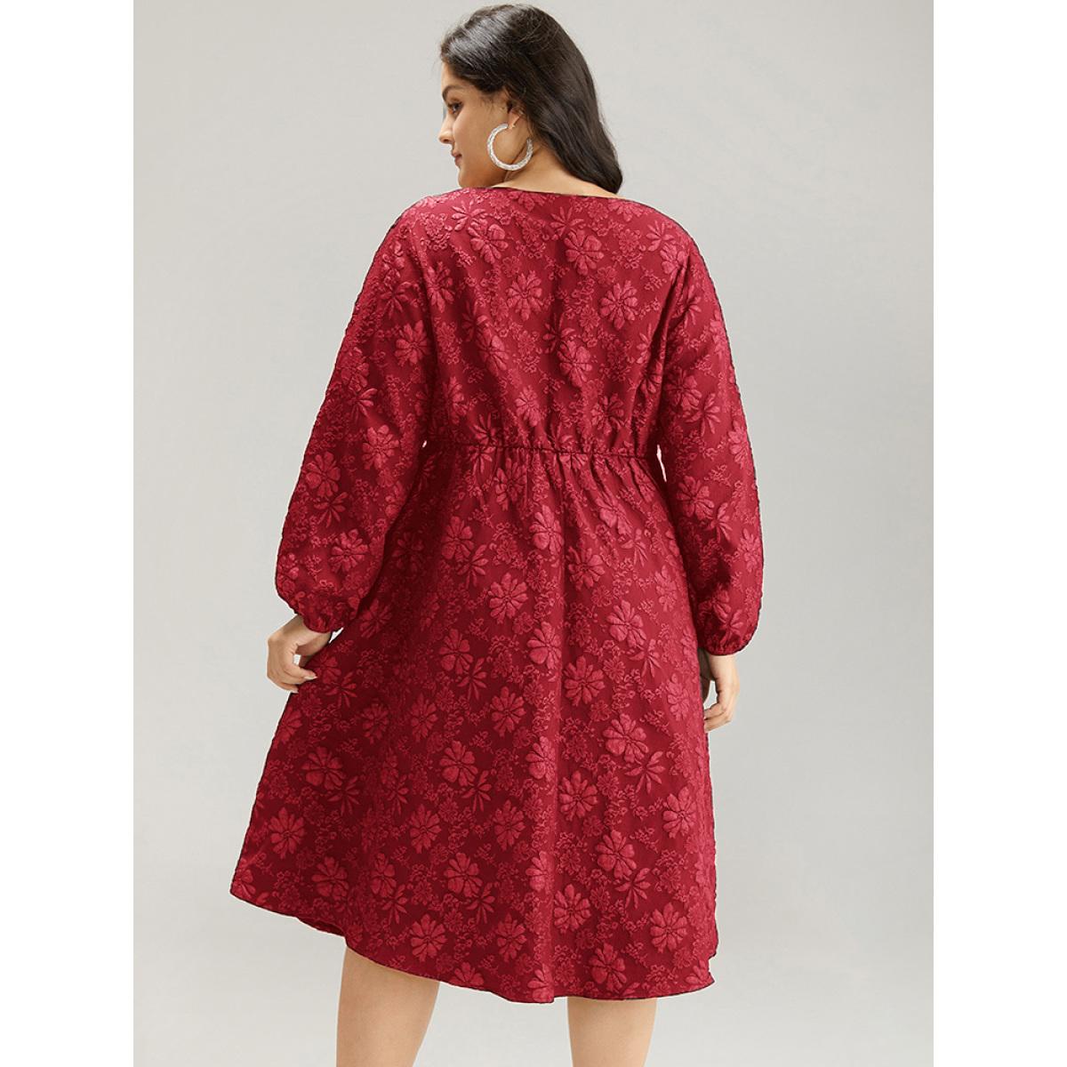 Plus Size Floral Print Plisse Pocket Lantern Sleeve Dress Raspberry Women Cocktail Elastic cuffs Square Neck Long Sleeve Curvy Midi Dress BloomChic 18-20/2X Product Image