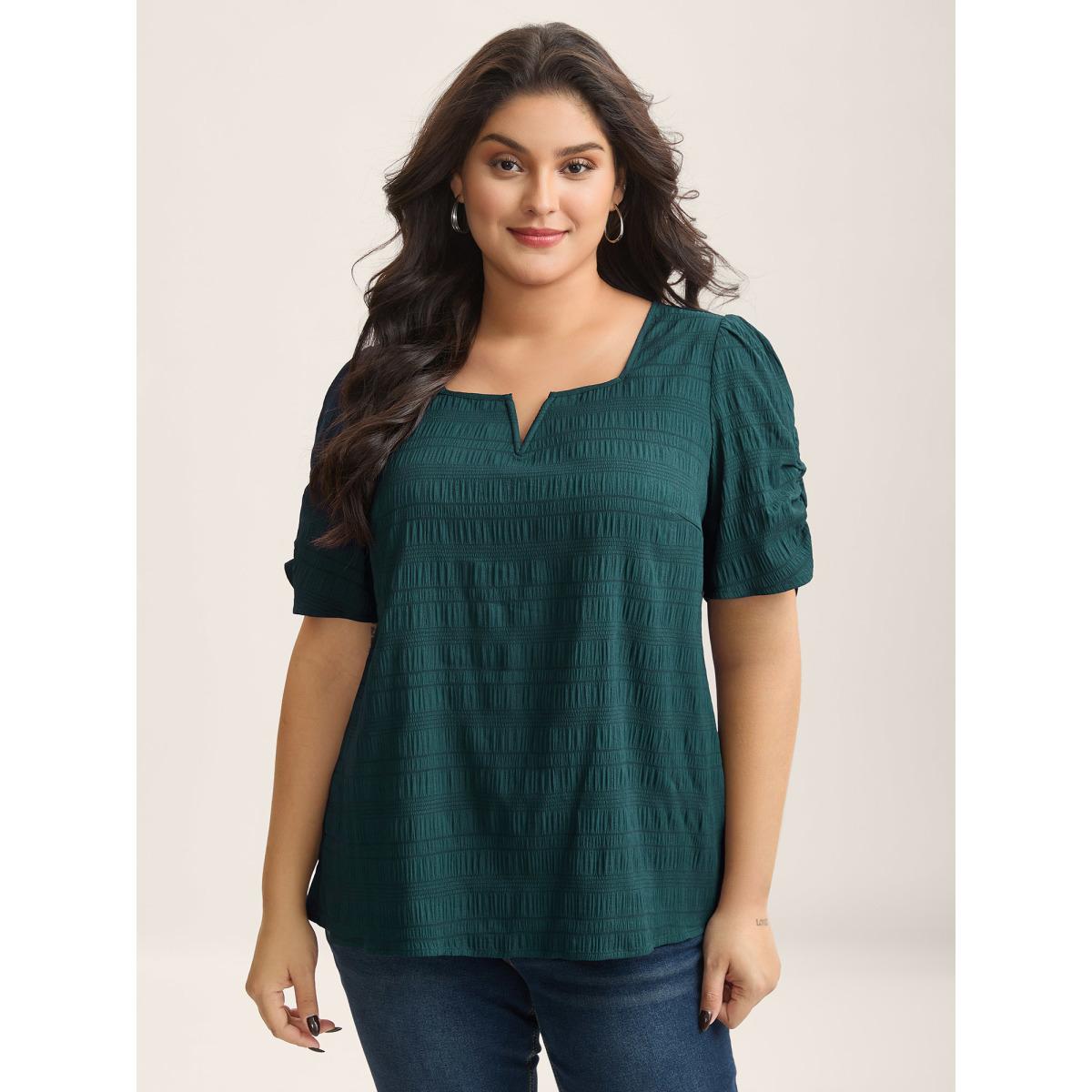 Plus Size DarkGreen Textured Gathered Sleeve Split Neck Blouse Women Office Short sleeve Asymmetrical Neck Office Blouses BloomChic 26/4X Product Image