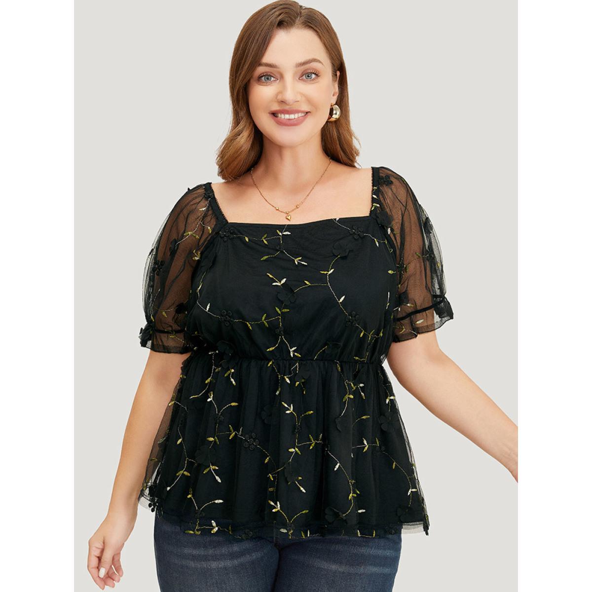 Plus Size BlackFlower Plant Embroidered Appliques Mesh Puff Sleeve Blouse Women Party Short sleeve Square Neck Going out Blouses BloomChic 12/L Product Image