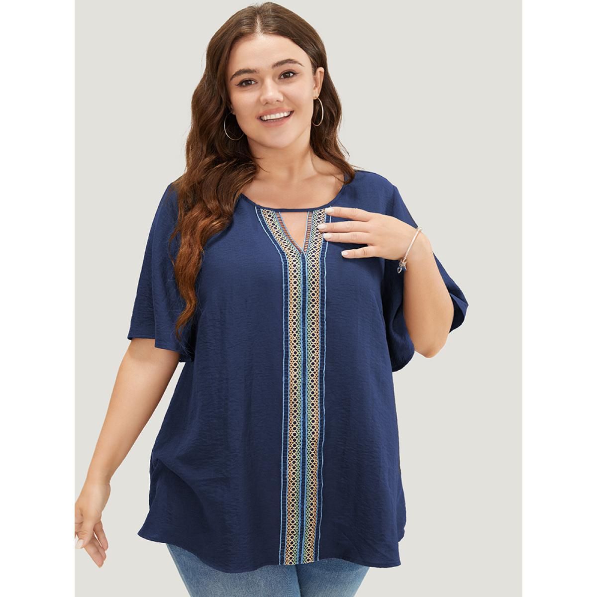 Plus Size Indigo Plain Contrast Tape Keyhole Neck Ruffle Sleeve Blouse Women Vacation Short sleeve Round Neck Dailywear Blouses BloomChic 10/M Product Image