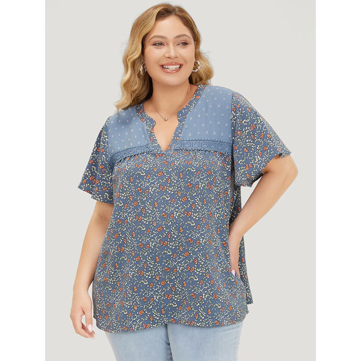 Plus Size Stone Ditsy Floral & Polka Dot Lace Notched Neck Blouse Women Elegant Short sleeve Notched collar Dailywear Blouses BloomChic 10/M Product Image