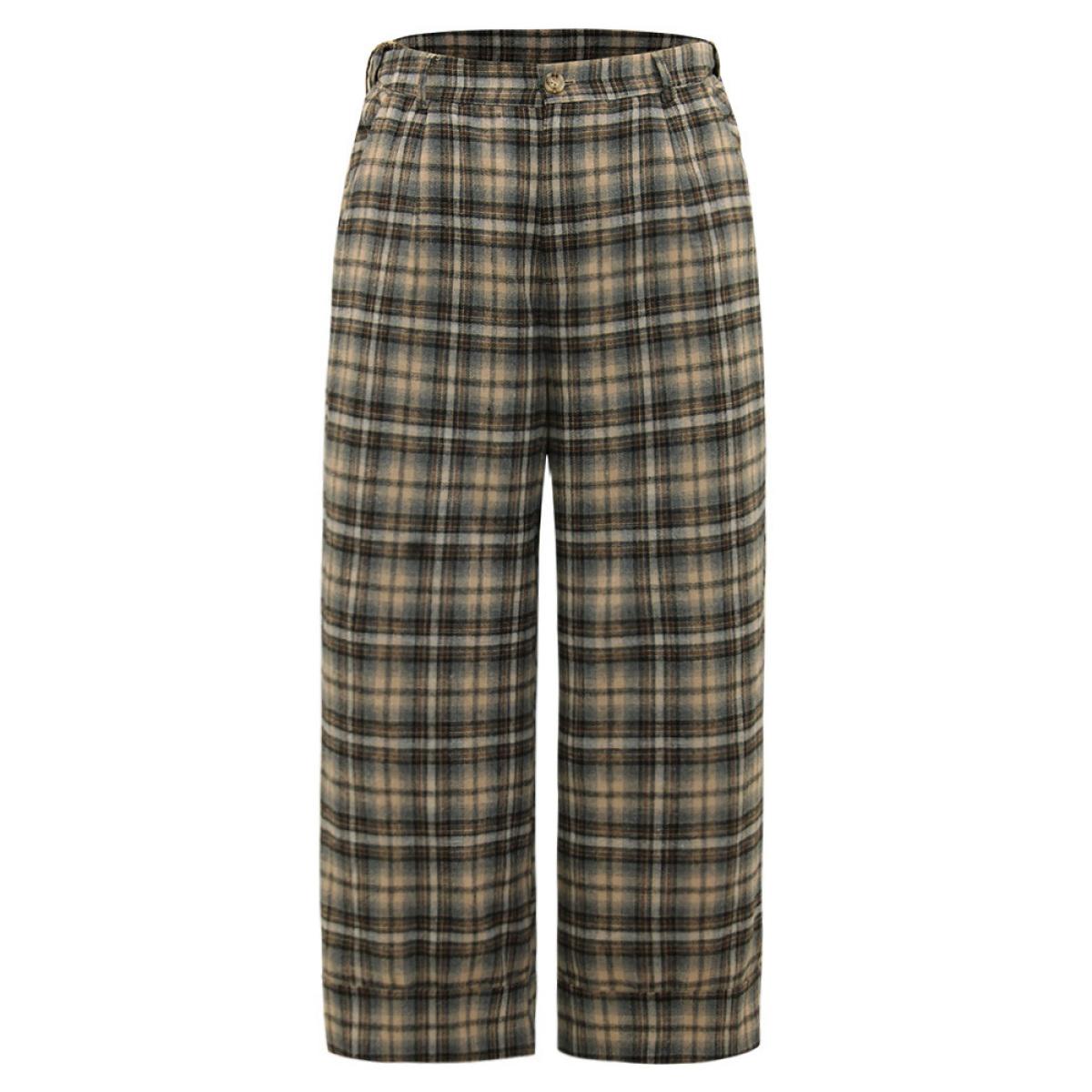 Plus Size Plaid Button Detail Straight Leg Pants Women LightBrown Office Straight Leg High Rise Office Pants BloomChic 22-24/3X Product Image