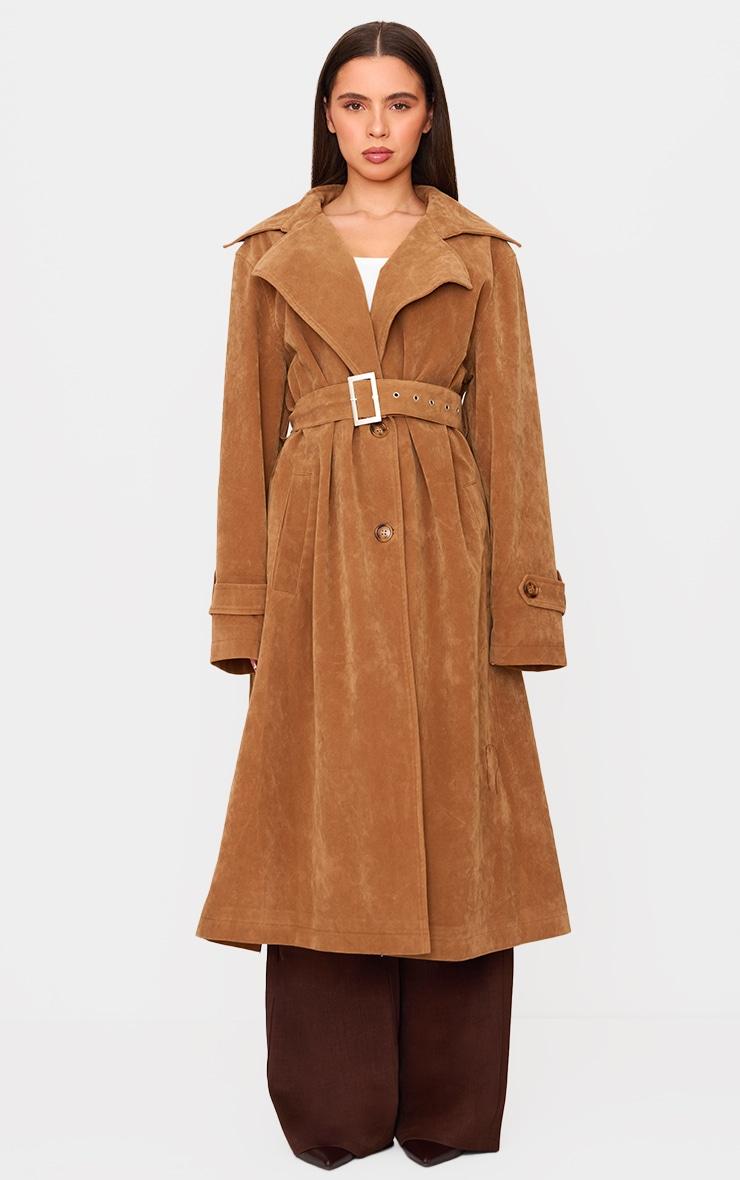 Petite Camel Faux Suede Belted Trench Coat Product Image