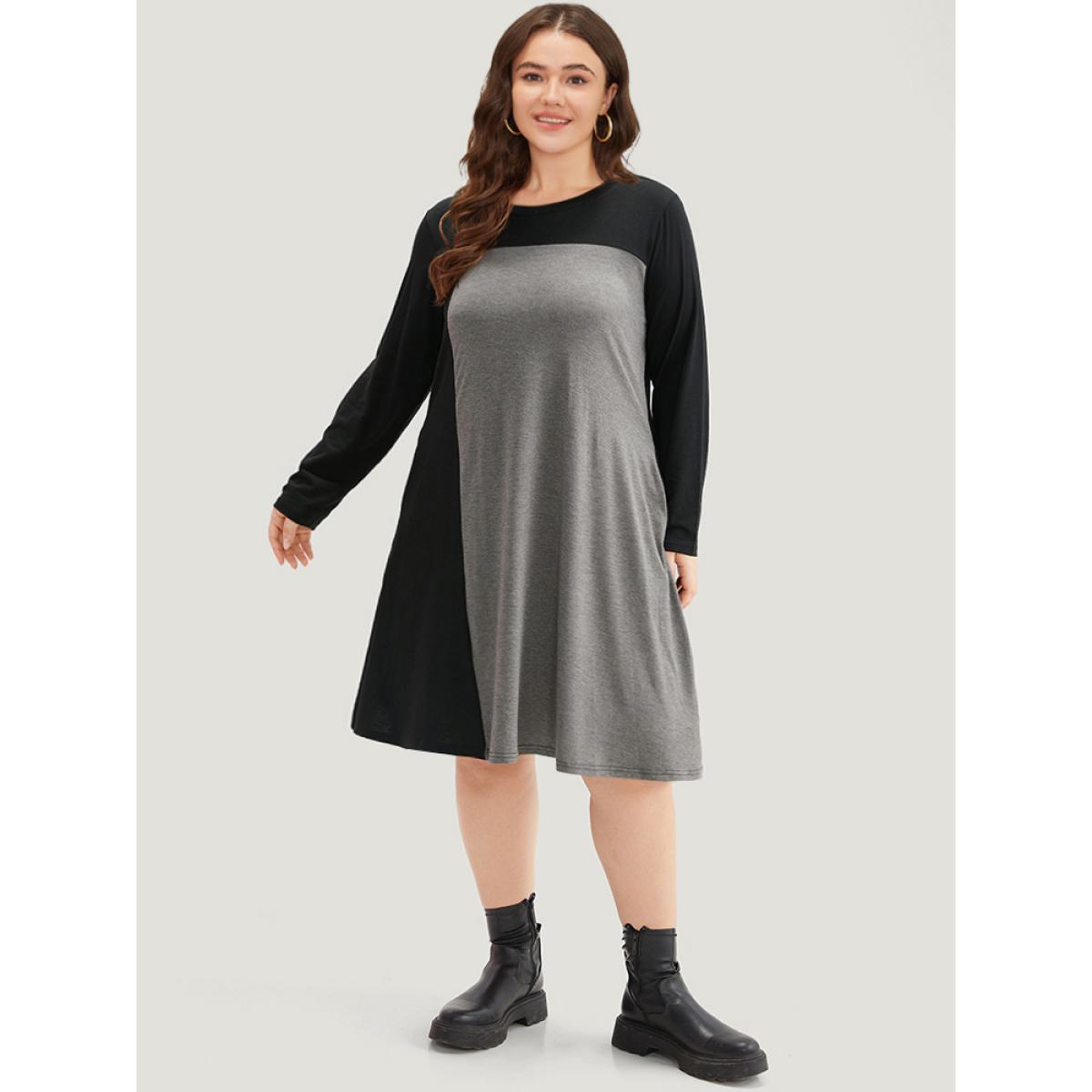 Plus Size Supersoft Essentials Two Tone Pocket Dress Black Women Casual Patchwork Round Neck Long Sleeve Curvy Knee Dress BloomChic 28/5X Product Image