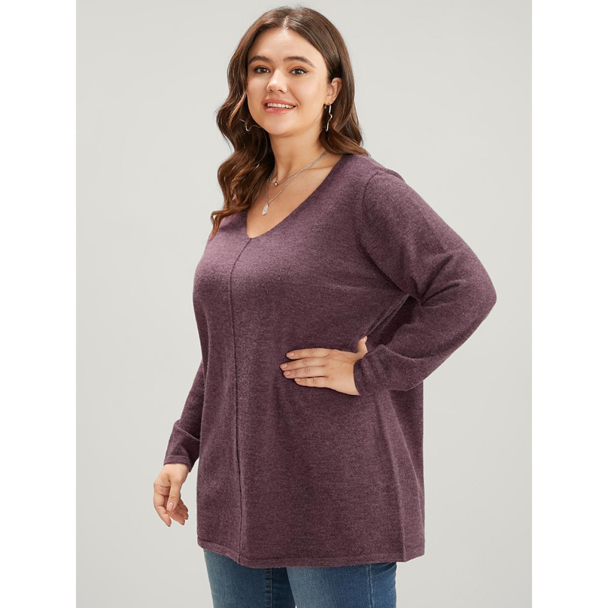 Plus Size Solid Pointelle Knit V Neck Heather Knit Top Russet Women Casual Loose Long Sleeve V-neck Dailywear Pullovers BloomChic 22-24/3X Product Image