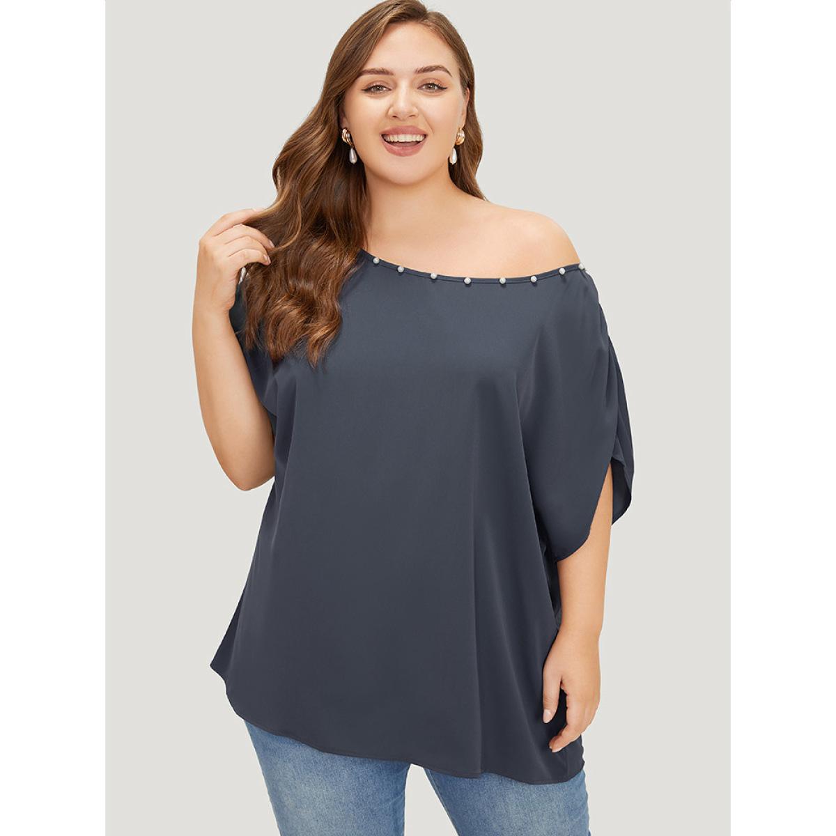 Plus Size Indigo Solid Pearl Beaded Ruched Sleeve Blouse Women Glamour Sleeveless One Shoulder Going out Blouses BloomChic 14-16/1X Product Image