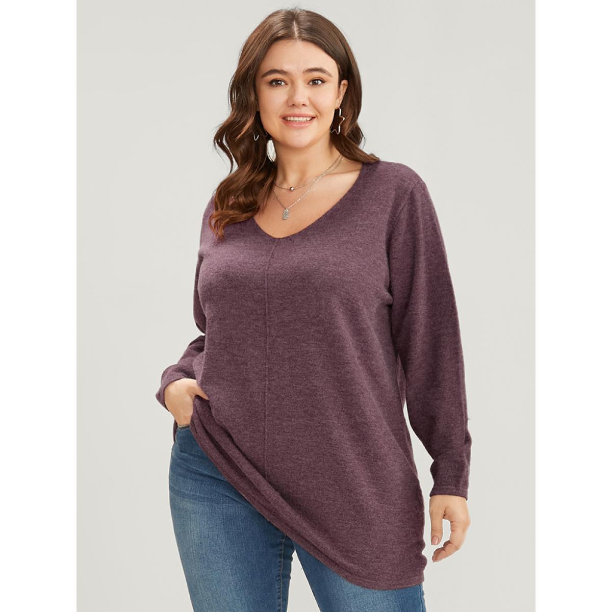 Plus Size Solid Pointelle Knit V Neck Heather Knit Top Russet Women Casual Loose Long Sleeve V-neck Dailywear Pullovers BloomChic 22-24/3X Product Image