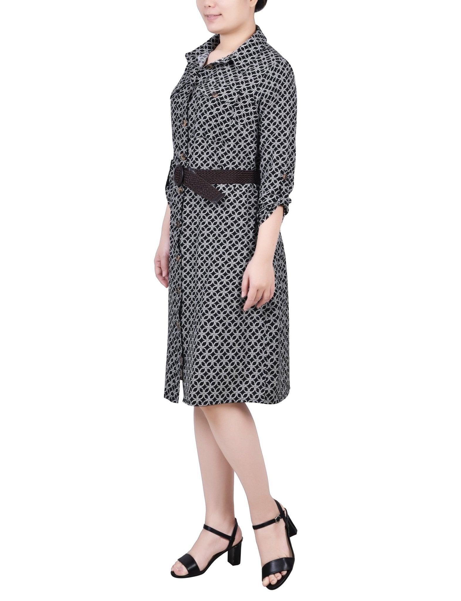 Black White Rope Iconic 3/4 Roll Tab Sleeve Shirtdress - Petite Product Image