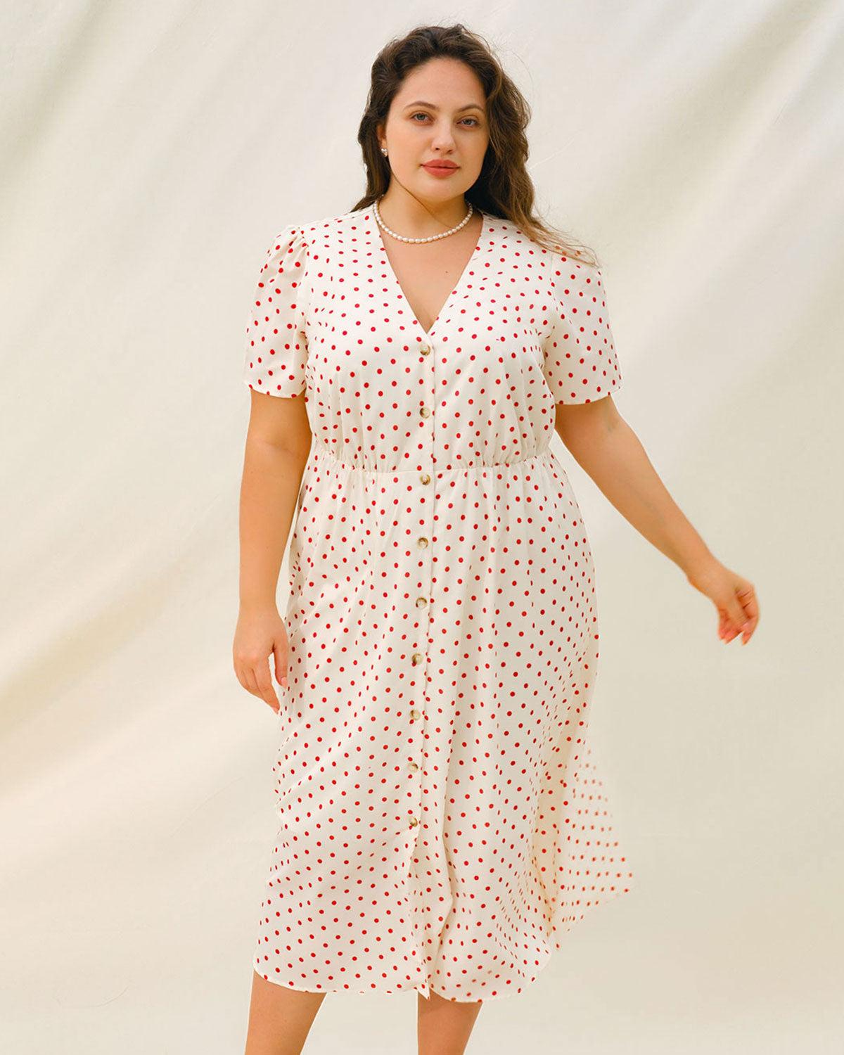 Beige Polka Dot Plus Size Midi Dress Product Image