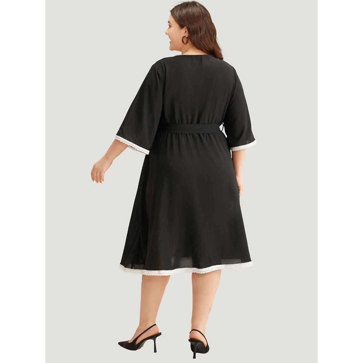 Plus Size V Neck Pocket Patchwork Contrast Belted Dress Black Women Elegant Plain V-neck Elbow-length sleeve Curvy Midi Dress BloomChic 14-16/1X Product Image