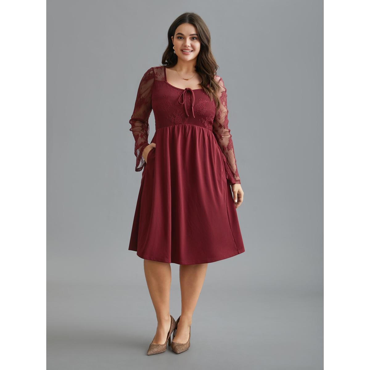 Plus Size Crochet Lace Mesh Bell Sleeve Dress Scarlet Women Elegant Woven ribbon&lace trim Heart neckline Long Sleeve Curvy BloomChic 14-16/1X Product Image