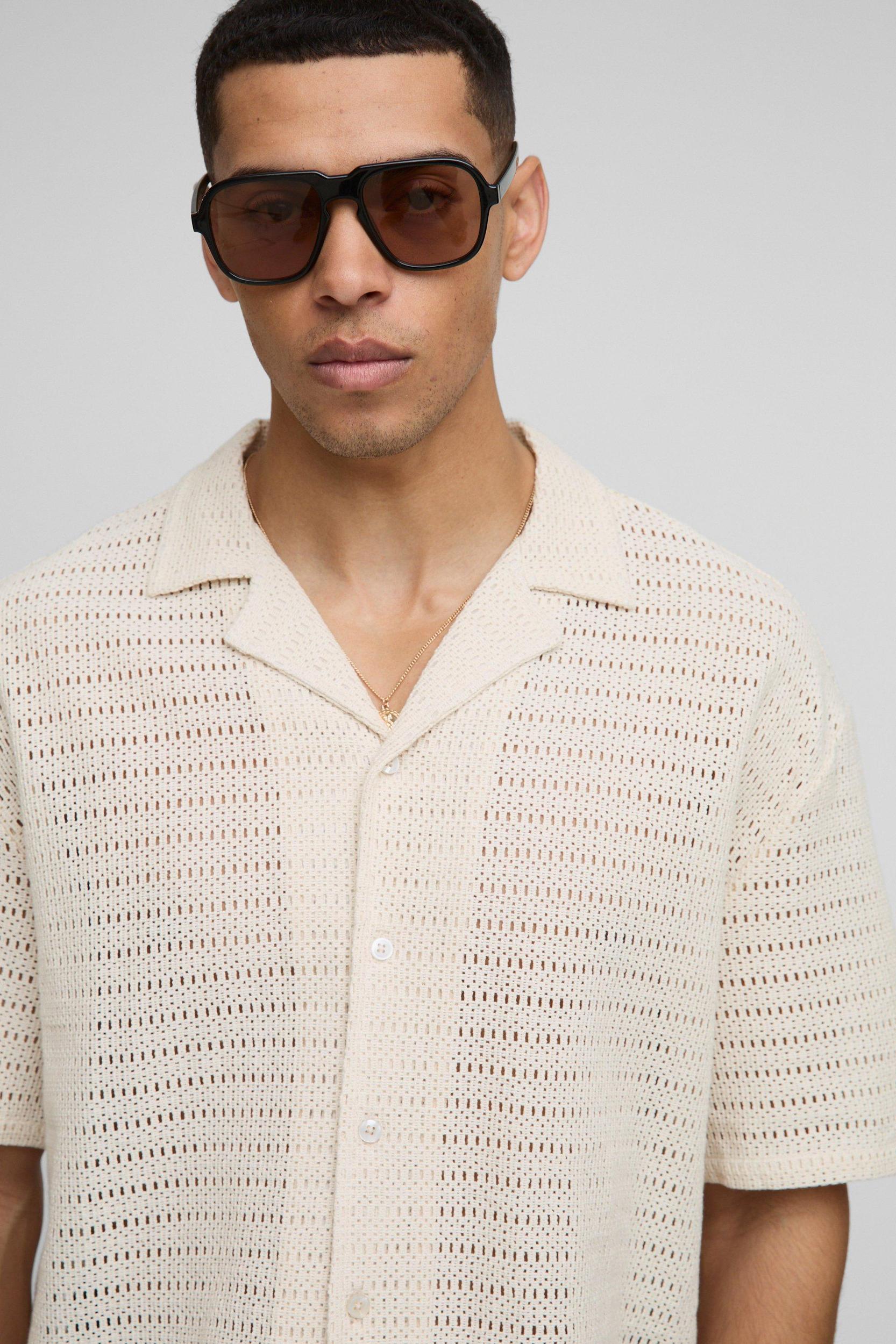 Oversized Open Texture Boxy Revere Shirt | boohooMAN USA Product Image