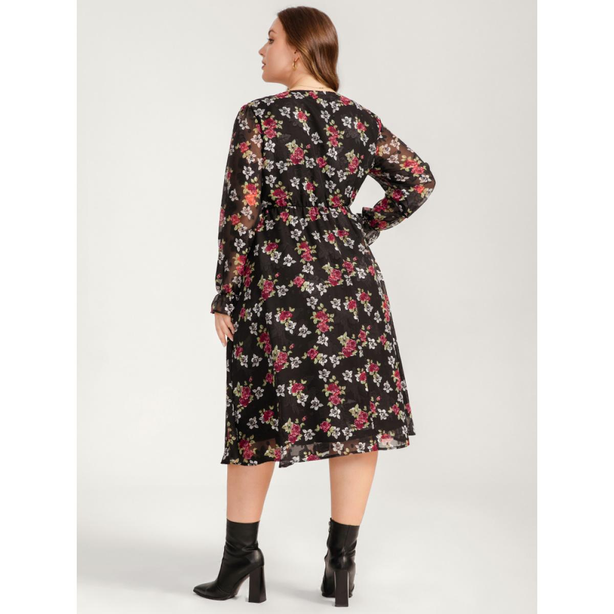 Plus Size Floral Mesh Lantern Sleeve Pocket Flutter Dress Black Women Dating V-neck Long Sleeve Curvy Midi Dress BloomChic 18-20/2X Product Image