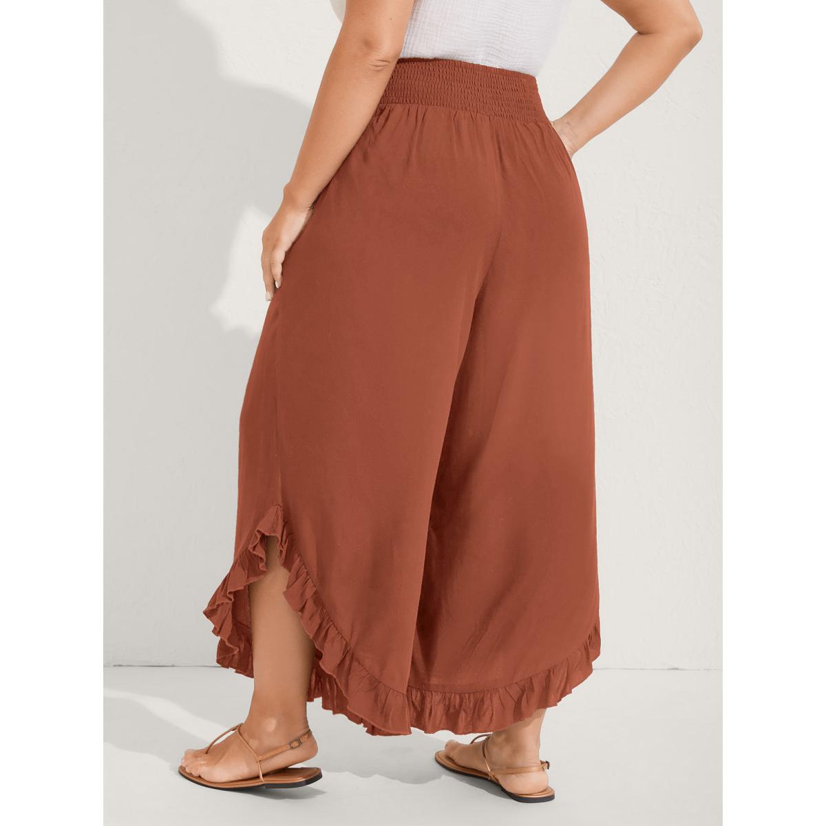 Plus Size Ruffled Curvy Hem Wide-Leg Pants Women Plum Boho Wide Leg Mid Rise Vacation Pants BloomChic 10/M Product Image