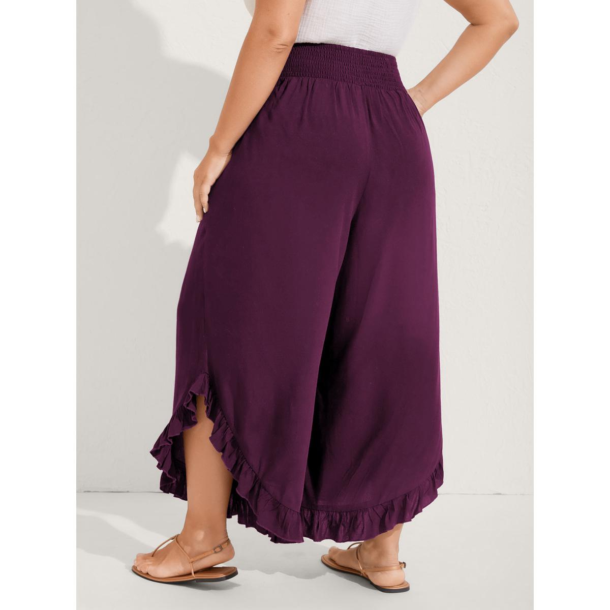 Plus Size Ruffled Curvy Hem Wide-Leg Pants Women Plum Boho Wide Leg Mid Rise Vacation Pants BloomChic 10/M Product Image