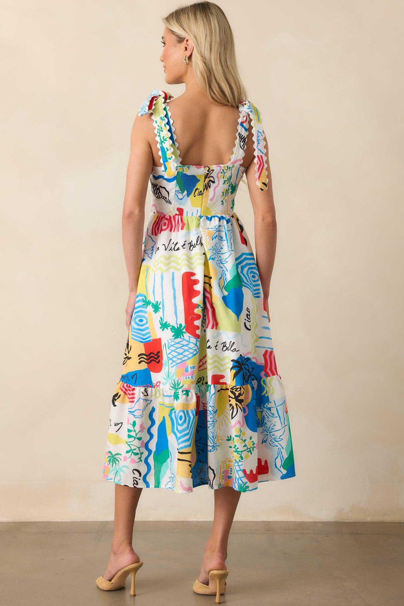Prosperina Francesca Multi Tropical Print Linen Midi Dress Product Image