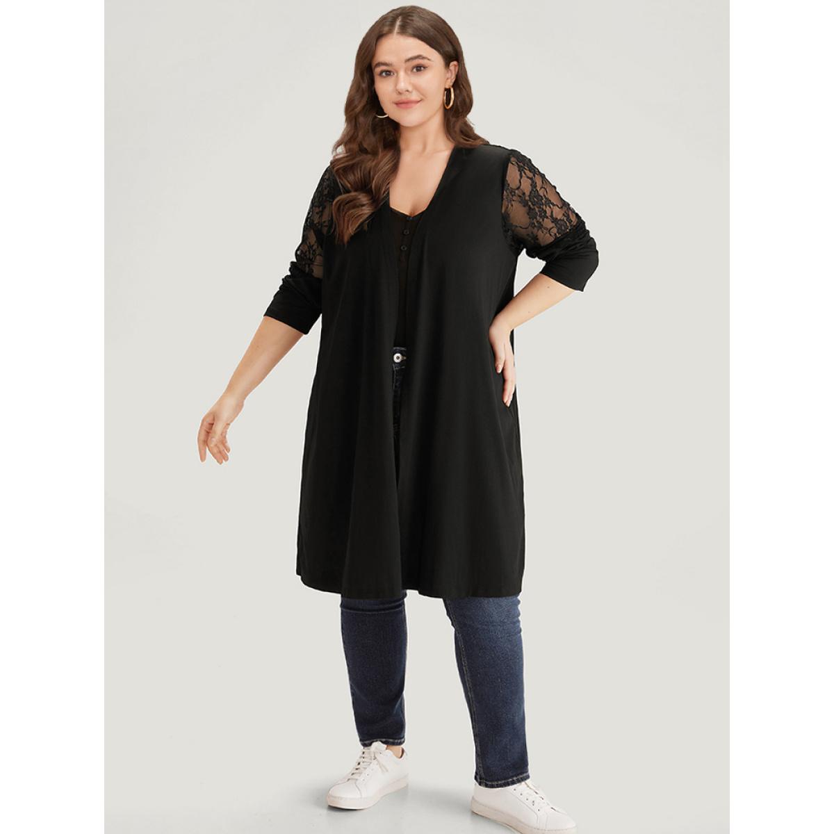 Plus Size Supersoft Essentials Solid Crochet Lace Mesh Drape Open Front Coat Women Black Casual Drape Ladies Dailywear Winter Coats BloomChic 18-20/2X Product Image