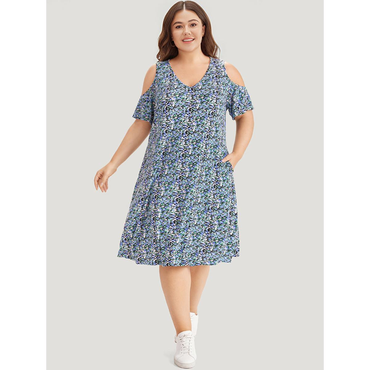 Plus Size Ditsy Floral Pocket Cold Shoulder Dress Blue Women Casual Cut-Out V-neck Short sleeve Curvy Midi Dress BloomChic 26/4X Product Image