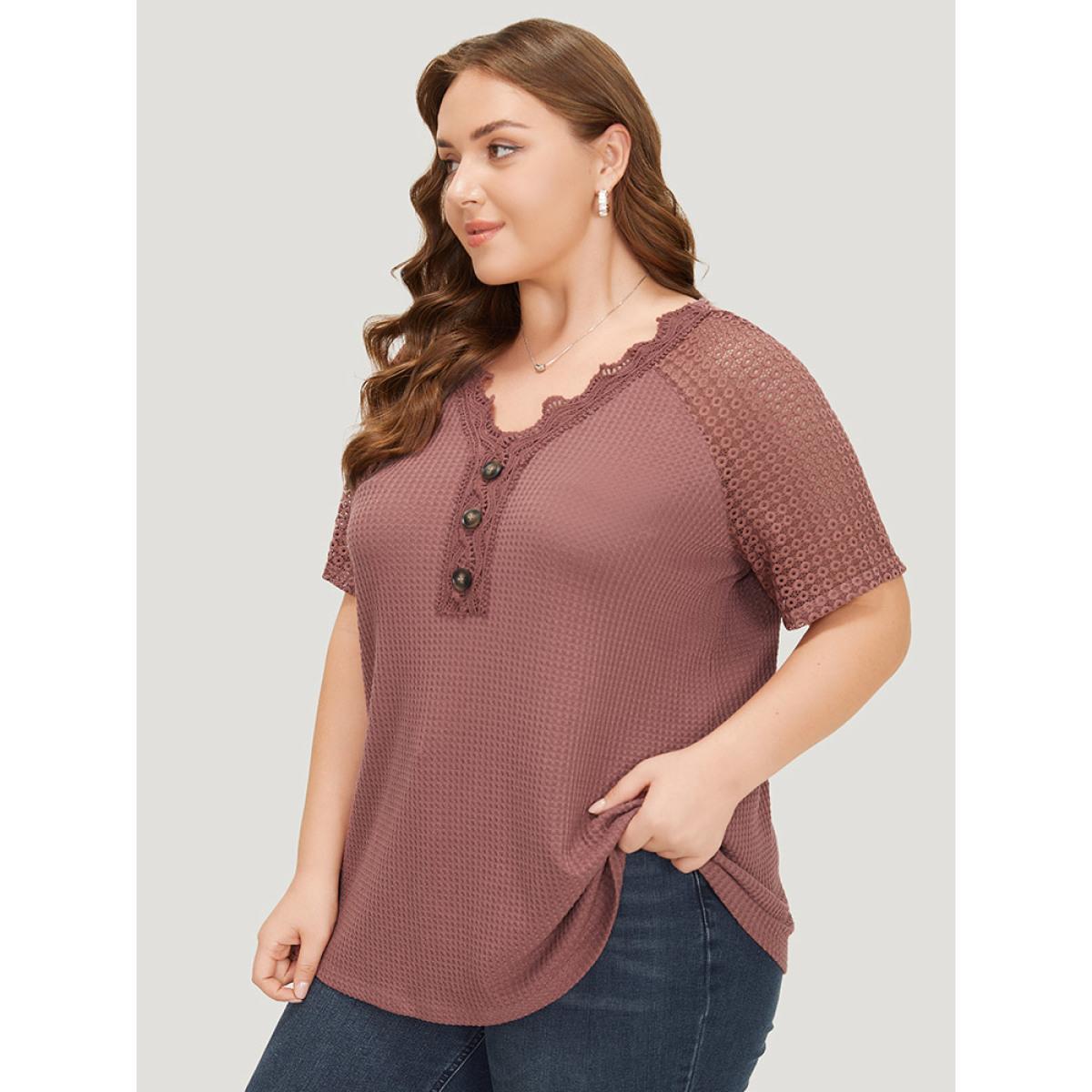 Plus Size Plain Contrast Lace Raglan Sleeve Button Detail T-shirt DustyPink Women Elegant Lace Plain V-neck Dailywear T-shirts BloomChic 10/M Product Image