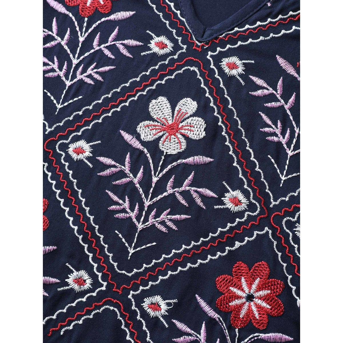 Plus Size Floral Embroidery Pockets Midi Dress DarkBlue Women Boho Notched collar Elbow-length sleeve Curvy BloomChic 14-16/1X Product Image