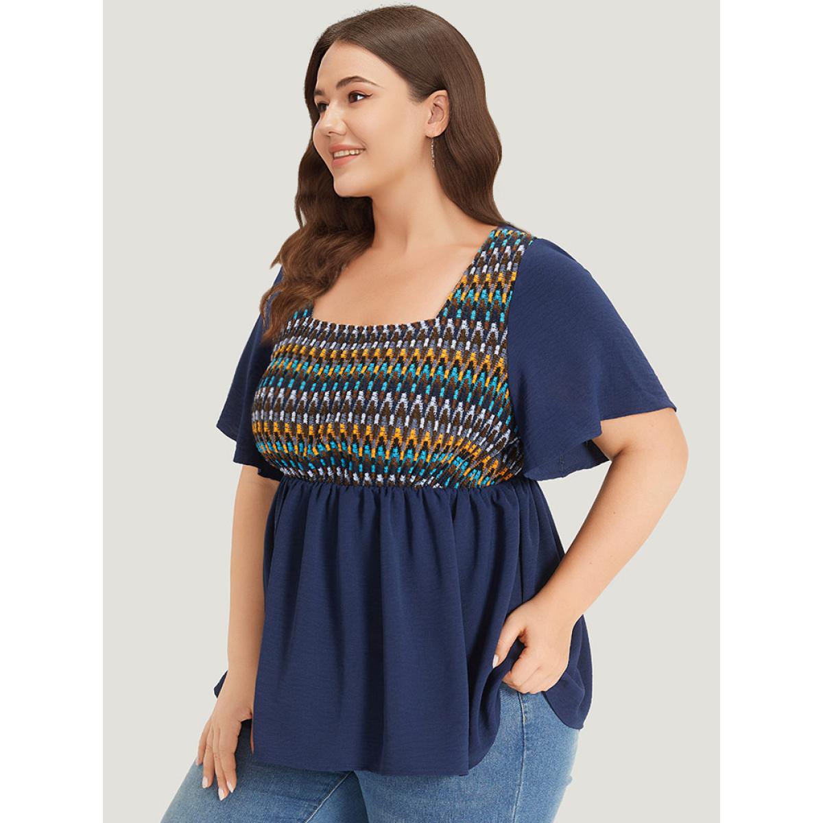 Plus Size Indigo Knit Patchwork Gathered Flutter Sleeve Blouse Women Elegant Short sleeve Square Neck Dailywear Blouses BloomChic 12/L Product Image