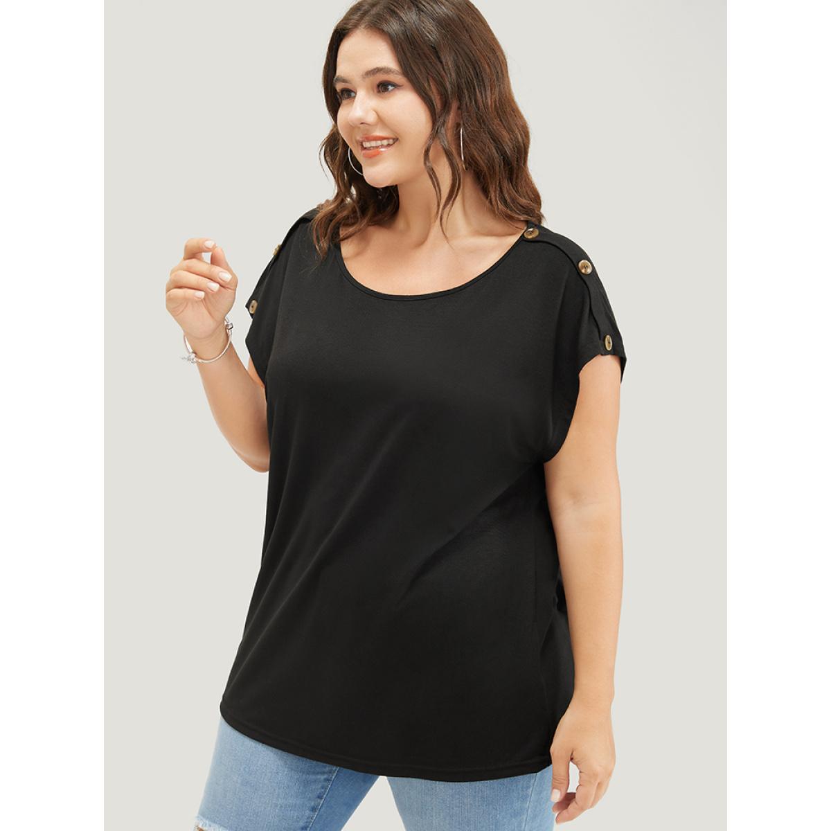 Plus Size Solid Button Detail Round Neck Batwing Sleeve T-shirt Black Women Casual Plain Round Neck Dailywear T-shirts BloomChic 12/L Product Image