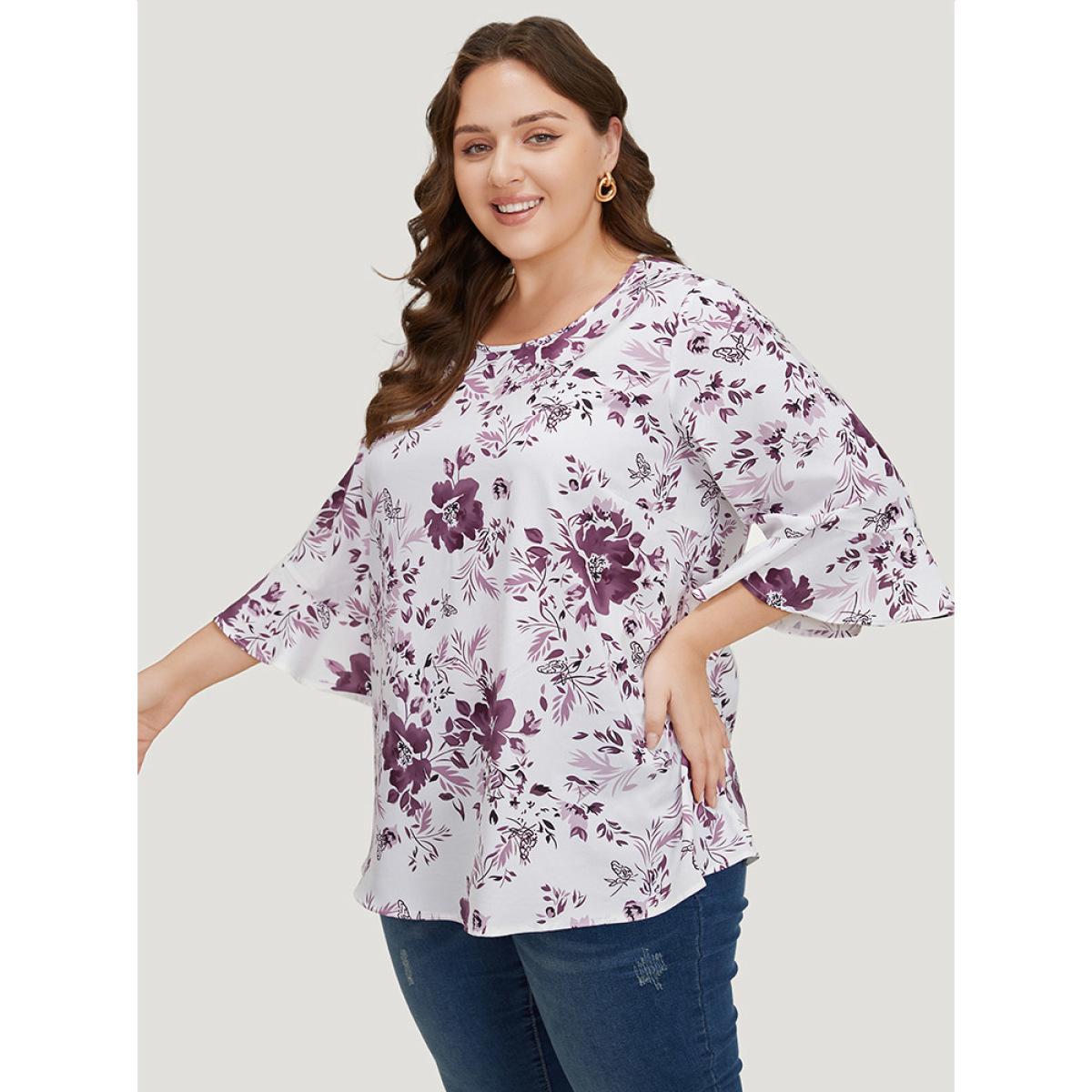 Plus Size Multicolor Floral Print Bell Sleeve Crew Neck Blouse Women Elegant Elbow-length sleeve Round Neck Dailywear Blouses BloomChic 10/M Product Image